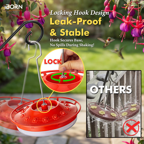 iBorn feeder with red flower ports inviting birds to feed