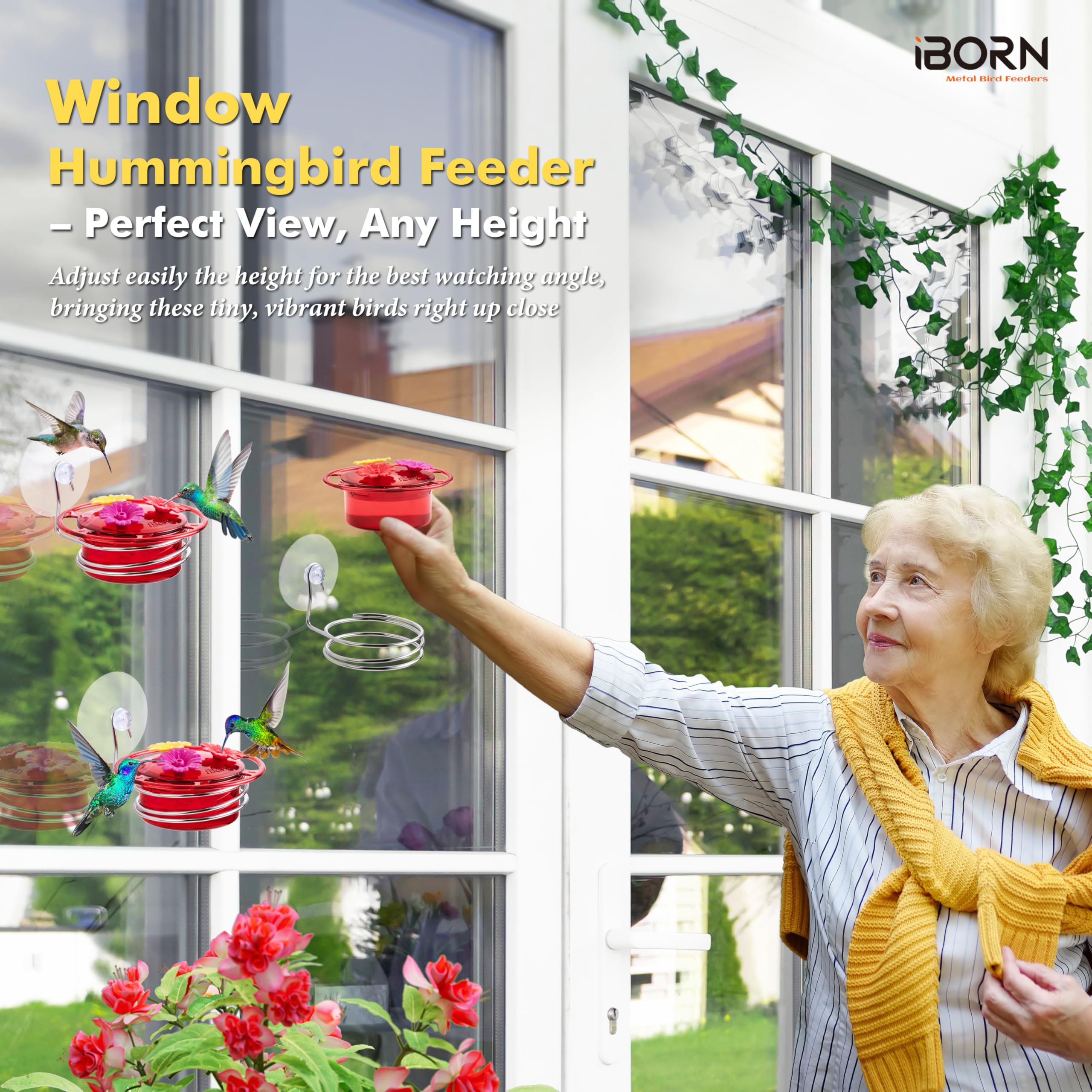 iborn feeder with three ports supports multiple visiting hummingbirds.
