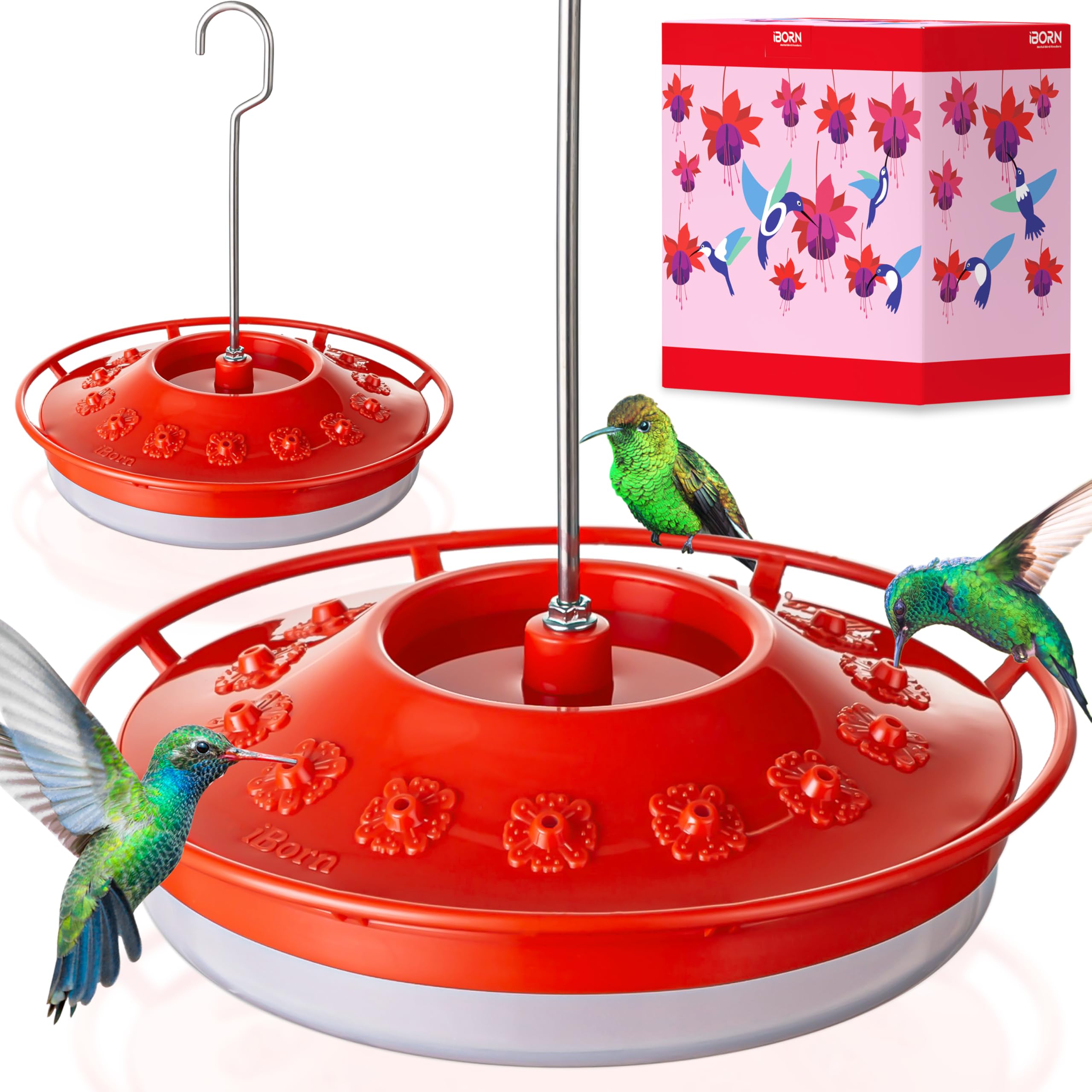 The iBorn hummingbird feeder for outdoors hanging attracts birds with bright red ports for vibrant garden moments.