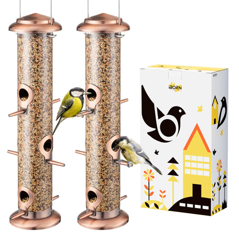 iBorn metal bird feeder with brushed copper finish, six ports for shared feeding