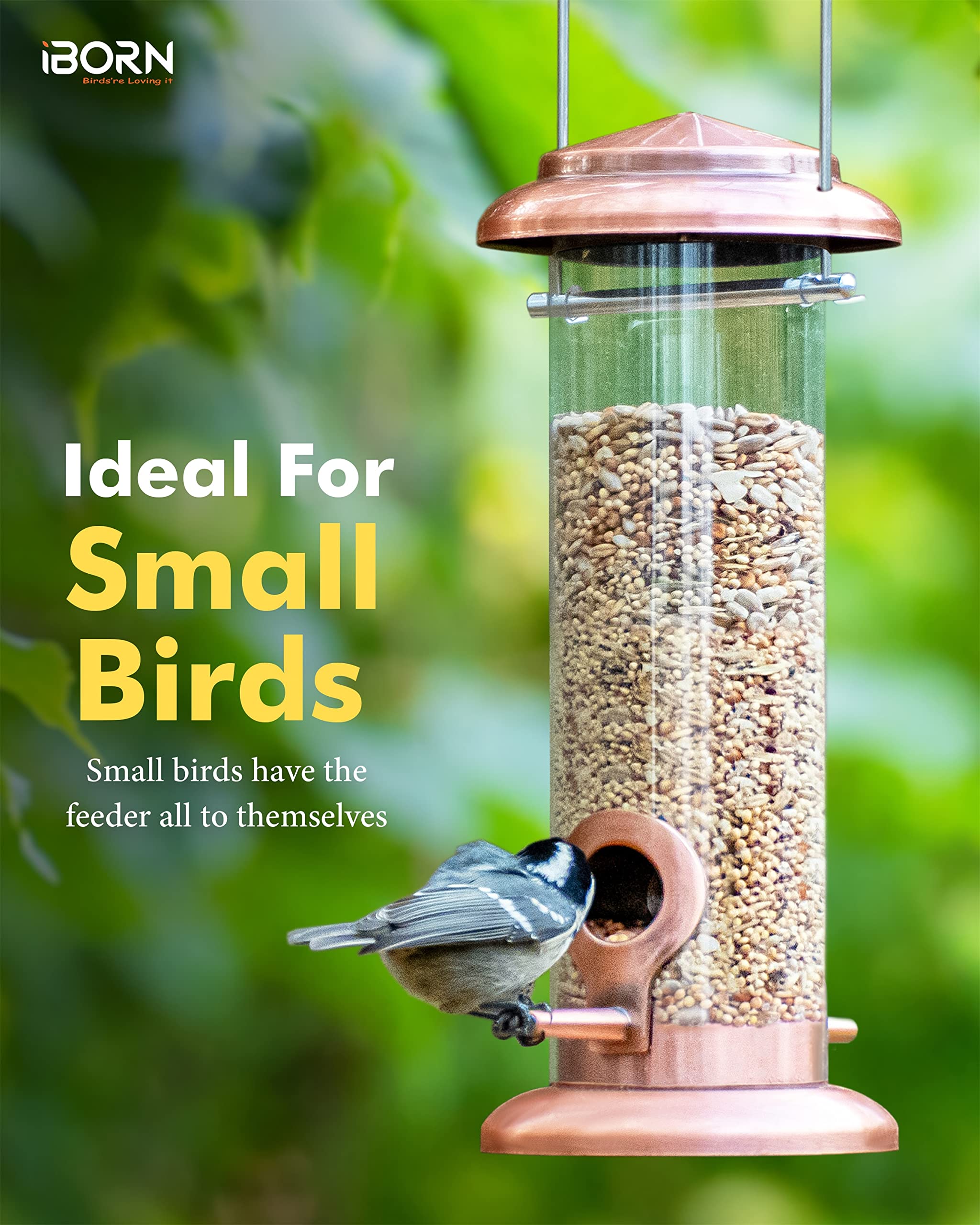 iBorn metal bird feeder copper finish side view showing two feeding perches