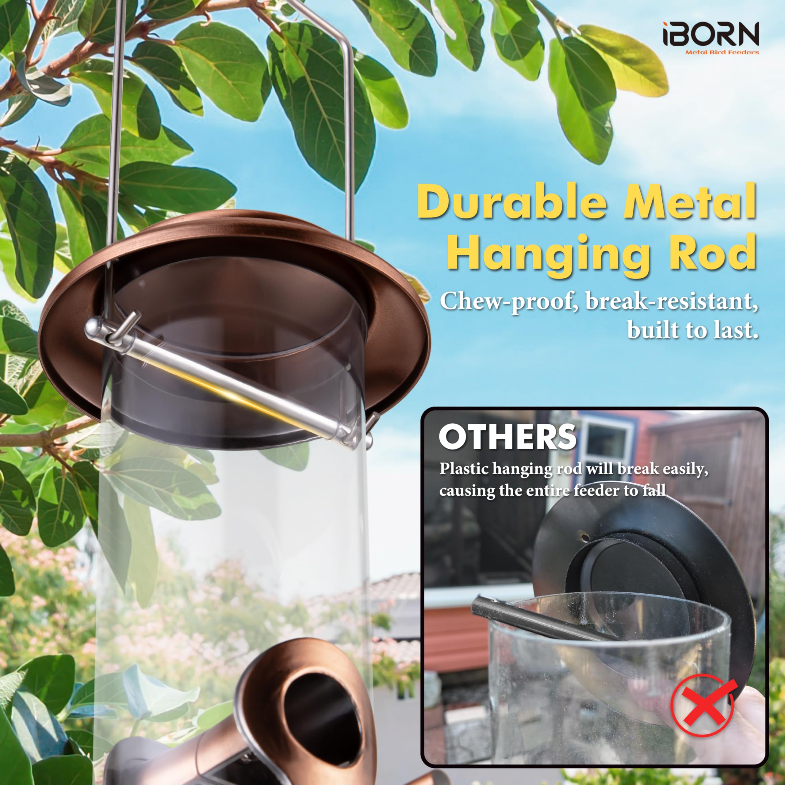 iBorn outdoor metal feeder resists wear and squirrel damage on ports