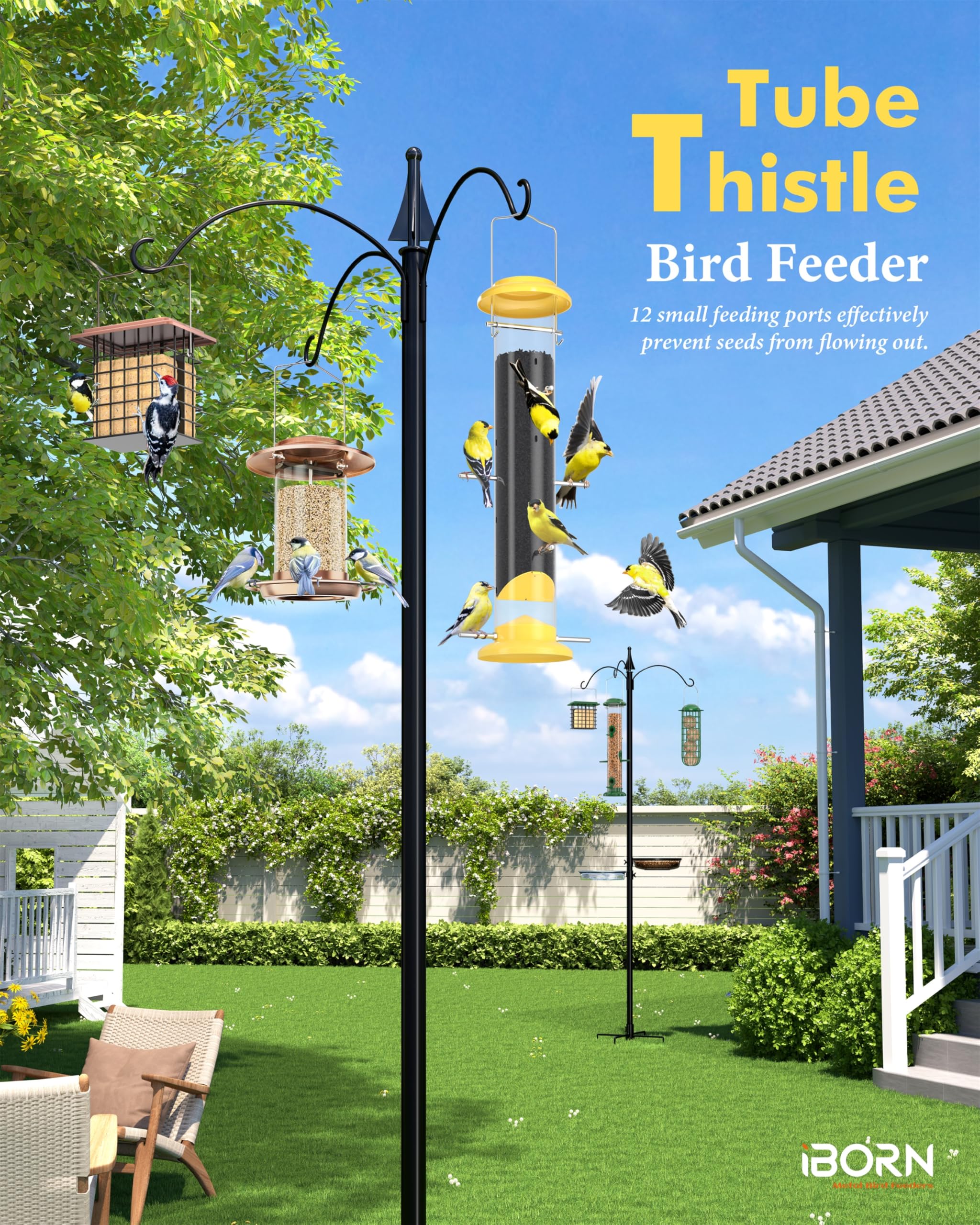 iBorn Nyjer/Thistle feeder with 12 ports supports multiple birds at once