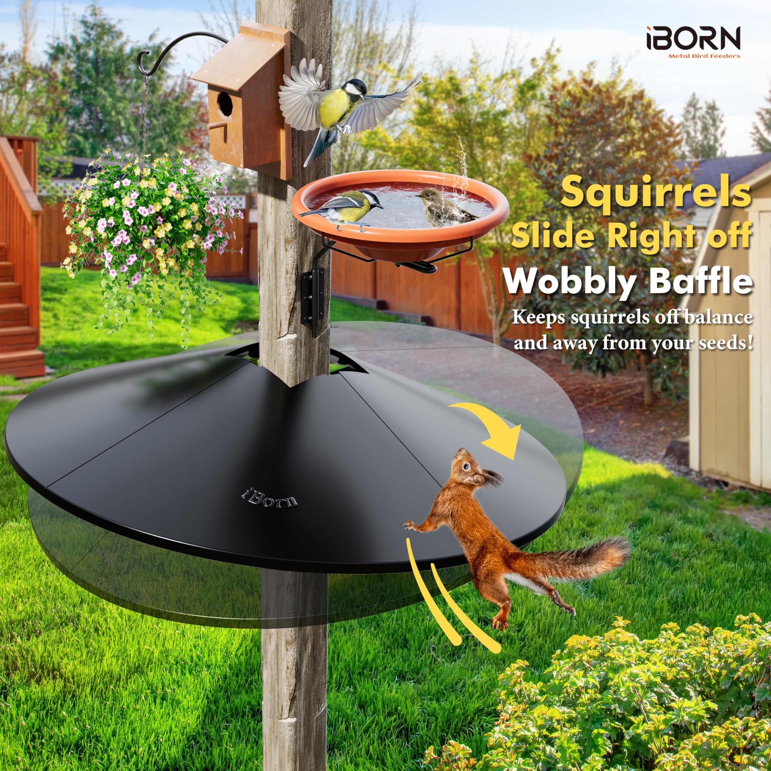 iBorn Squirrel Baffle anti-chew polycarbonate protects feeders from damage.