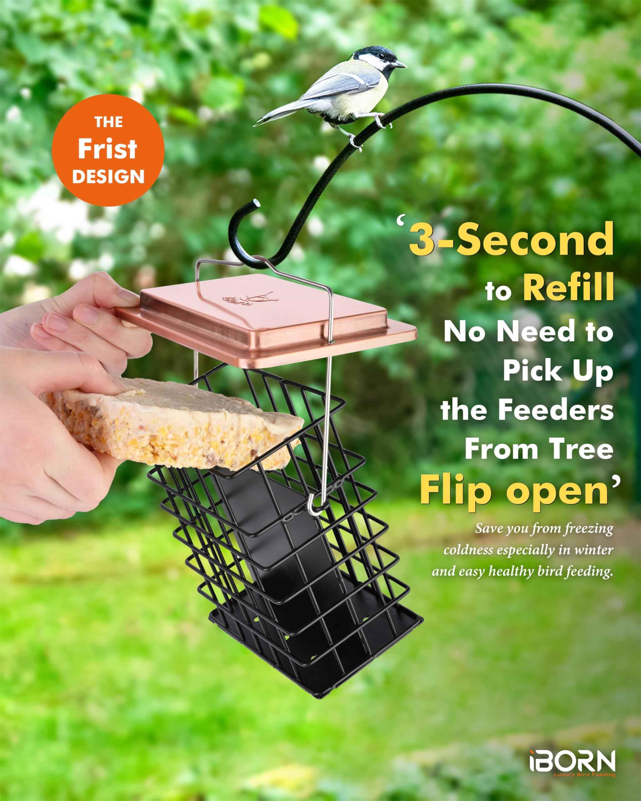 iBorn suet feeder with flip-top refill for quick topping.