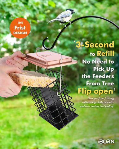 iBorn suet feeder with flip-top refill for quick topping.