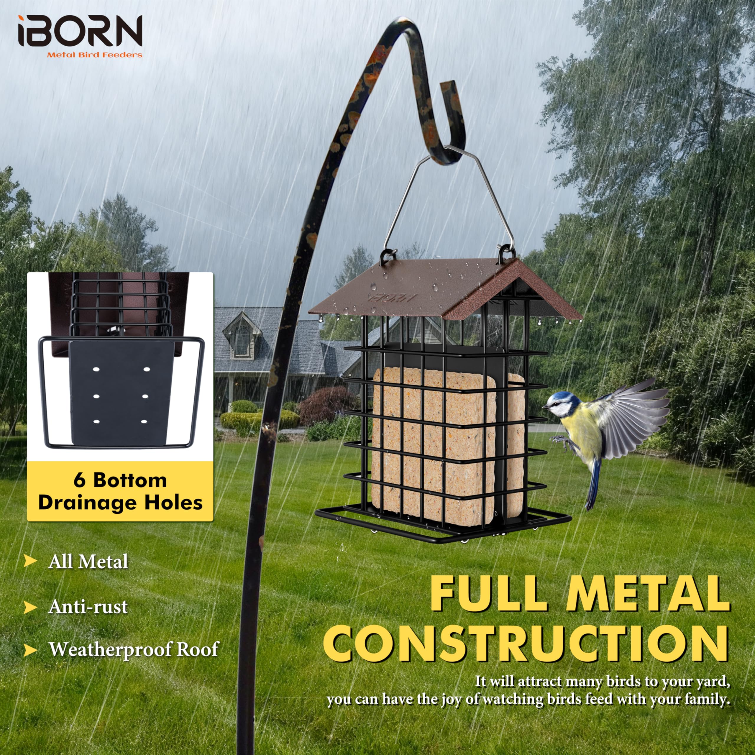 iBorn metal fixed hook secures feeder against wind without swinging.