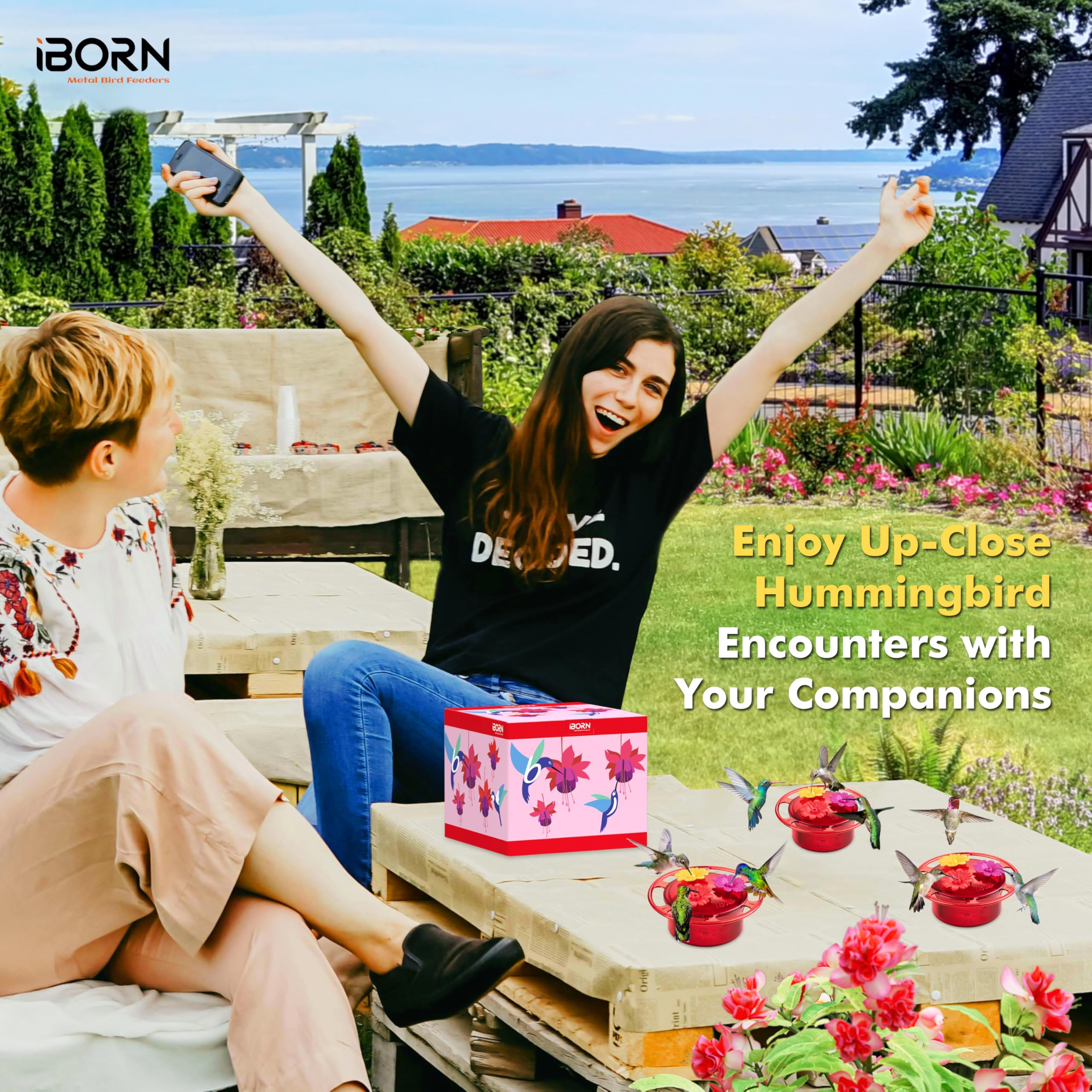 iBorn three-port feeder supports multiple hummingbirds for lively backyard viewing.