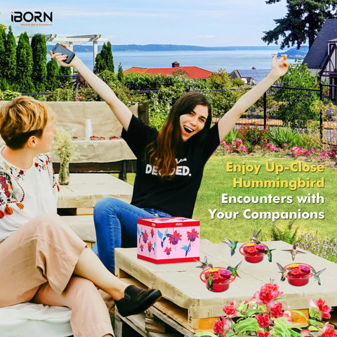 iBorn three-port feeder supports multiple hummingbirds for lively backyard viewing.
