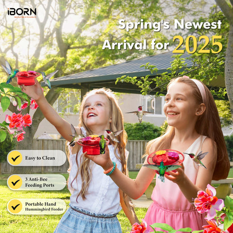 iBorn twist-off lid hummingbird feeder eases cleaning after sunny garden visits.