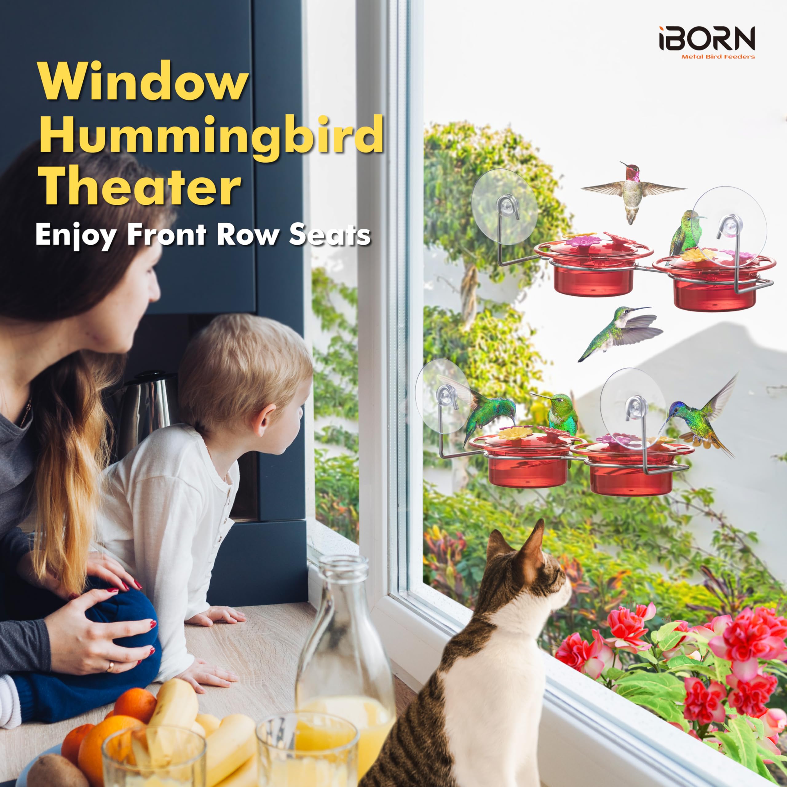 iBorn feeder features bee-guard ports to protect nectar access for hummingbirds