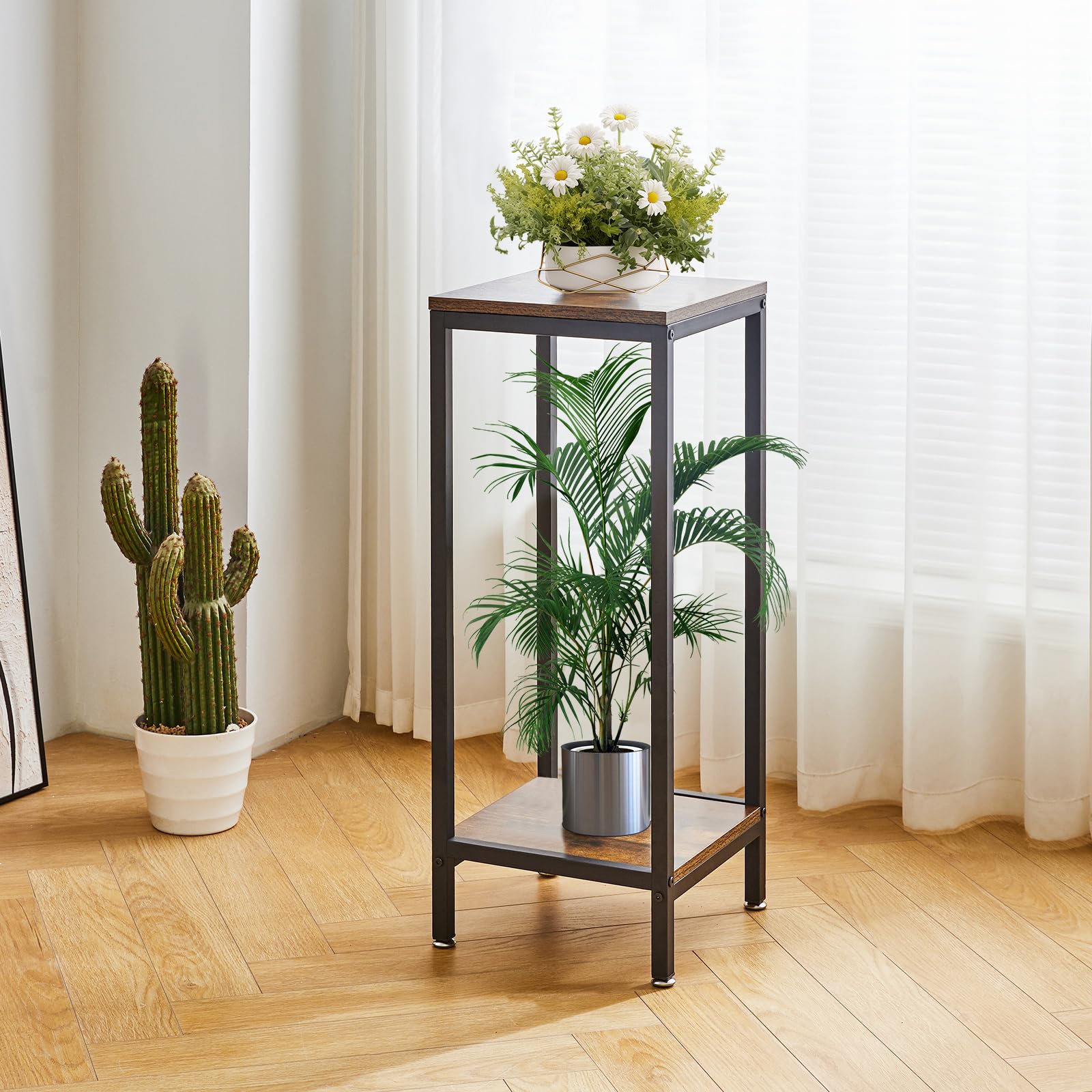 IBUYKE plant stand close-up reveals iron frame and woodgrain finish details.