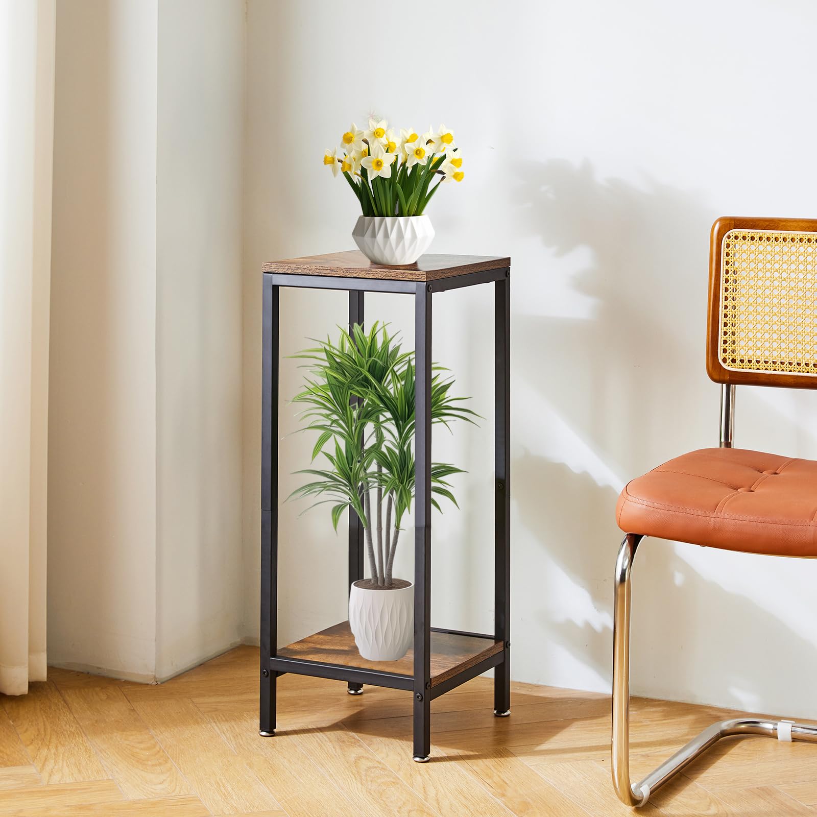IBUYKE two-tier wood shelf plant stand corner view demonstrates sturdy construction for indoors.