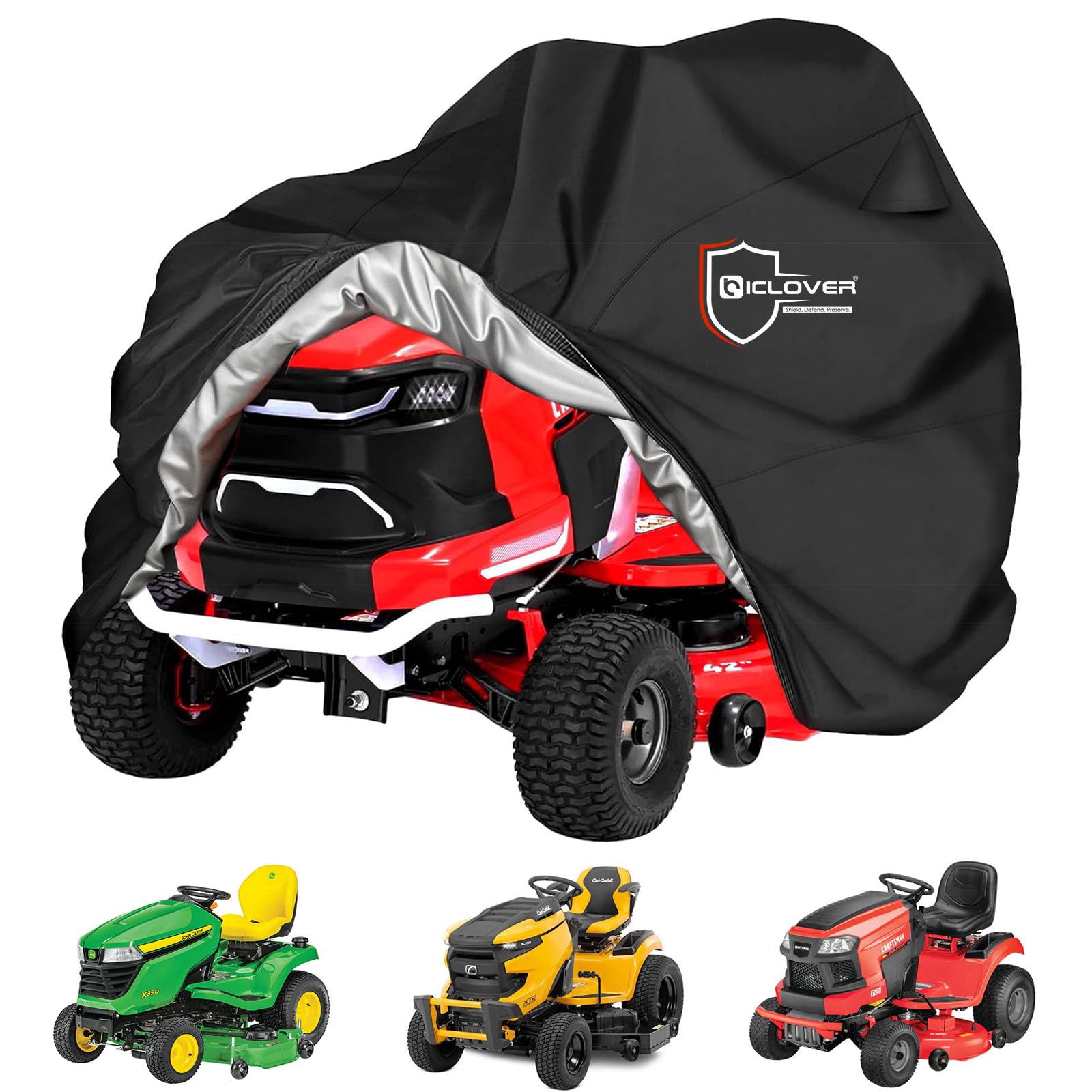 IC ICLOVER riding mower cover shows 72x54 dimensions for universal fit.