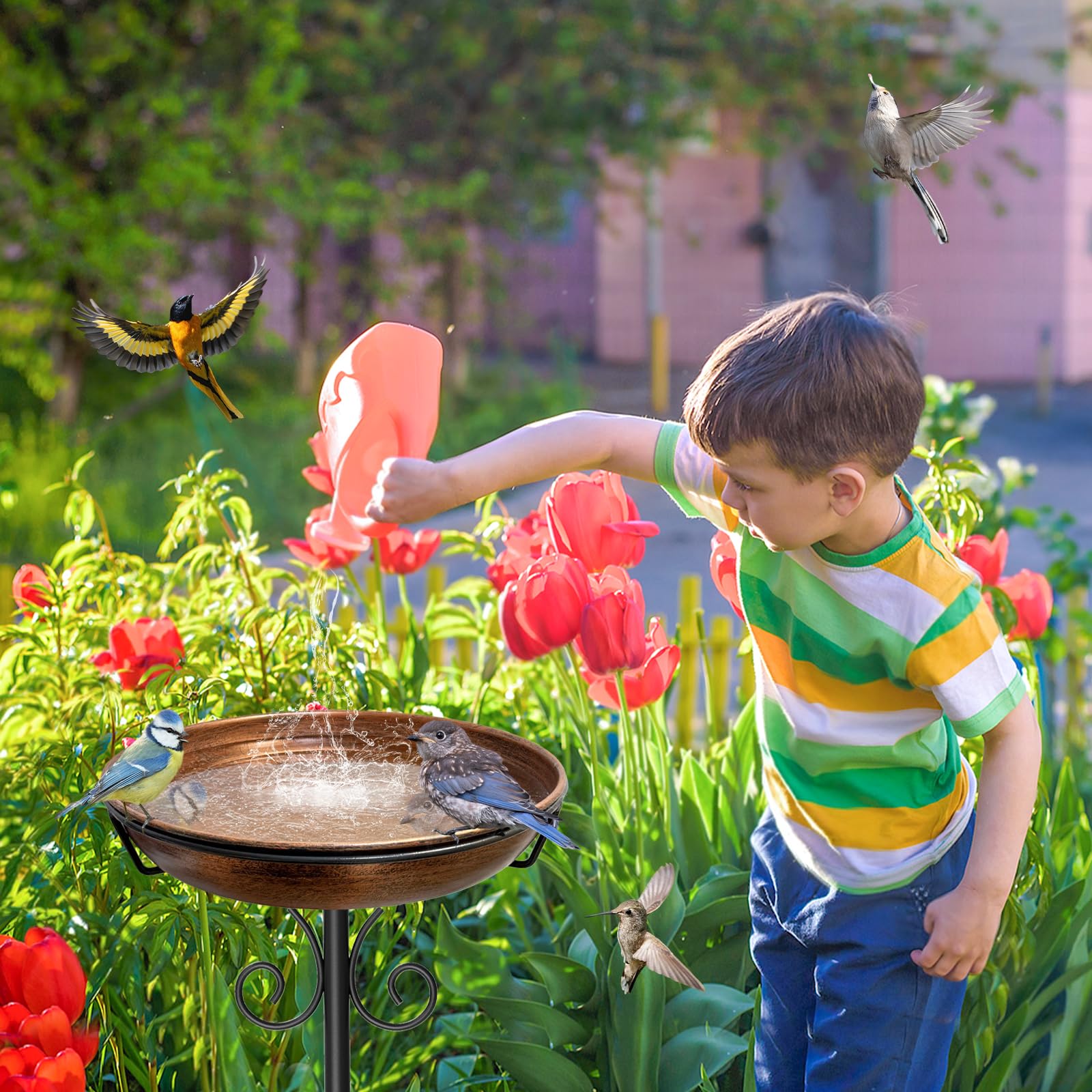 iCHKED 38In bird bath assembly step demonstrates tool-free setup