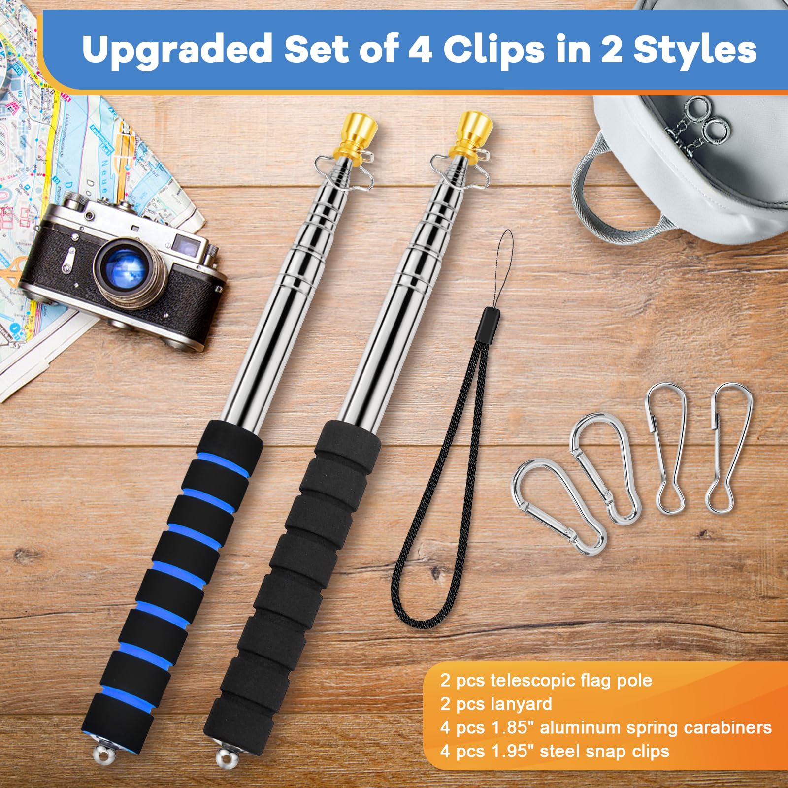 ICOMEY complete package with poles, carabiners, clips, and lanyards for flags