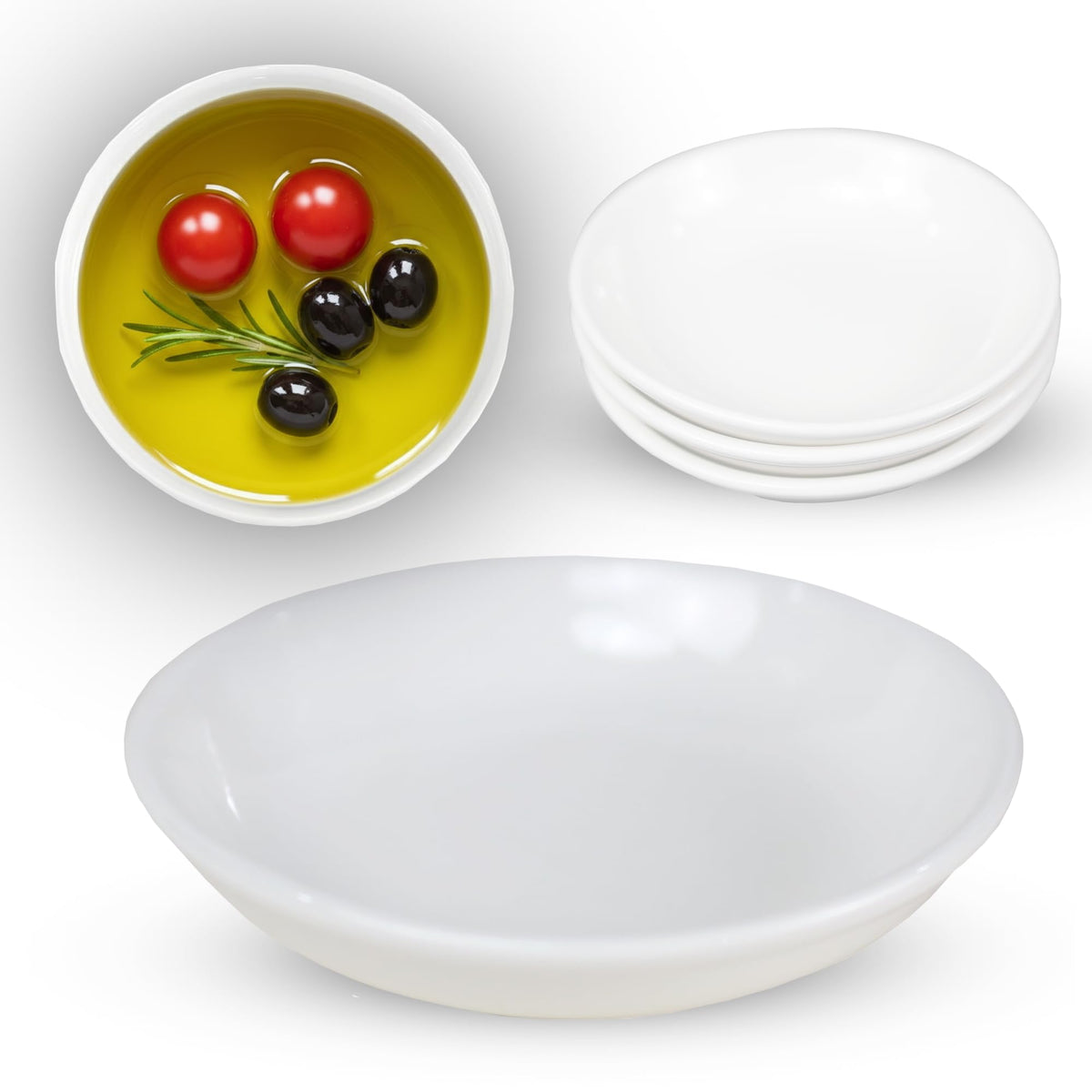 Iconikal round white ceramic dipping dish ideal for sauces and appetizers.
