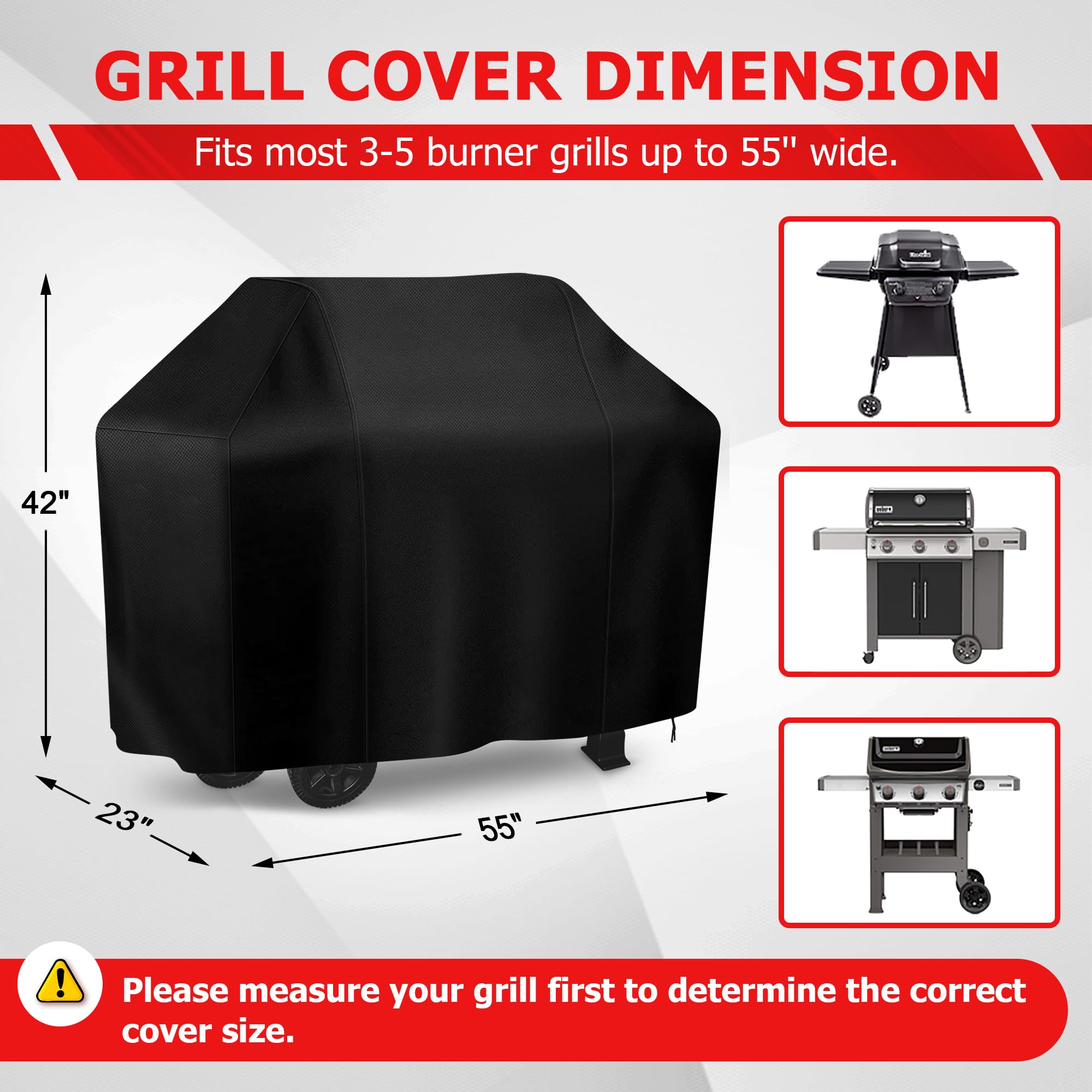 iCOVER 55-inch grill cover demonstrates waterproof and UV protection for outdoor use.