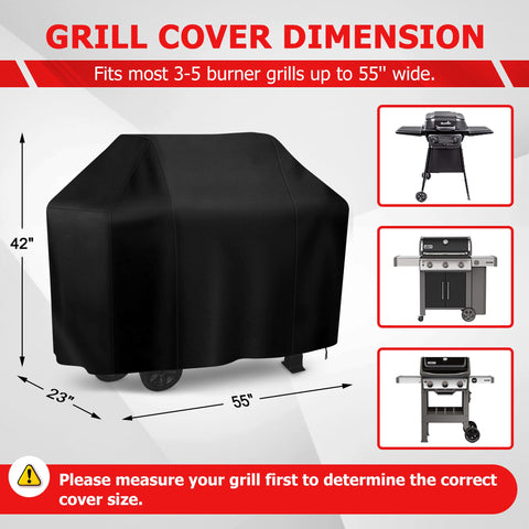 iCOVER 55-inch grill cover demonstrates waterproof and UV protection for outdoor use.