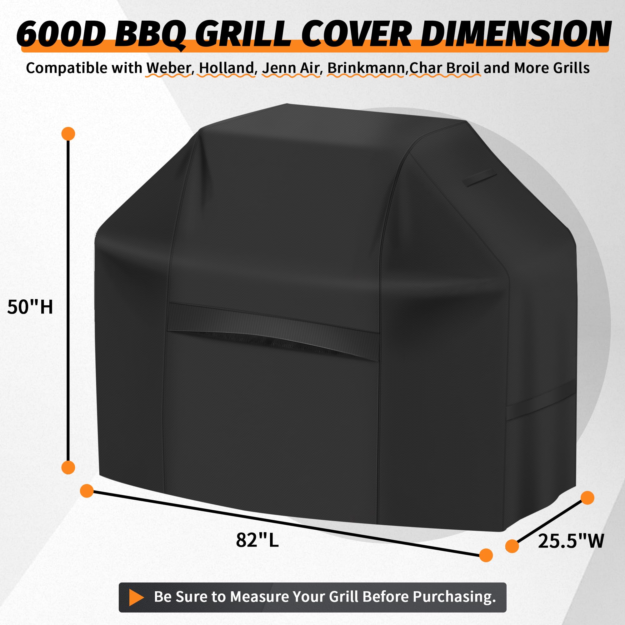iCOVER 82inch grill cover side view shields outdoor equipment from sun and dust.