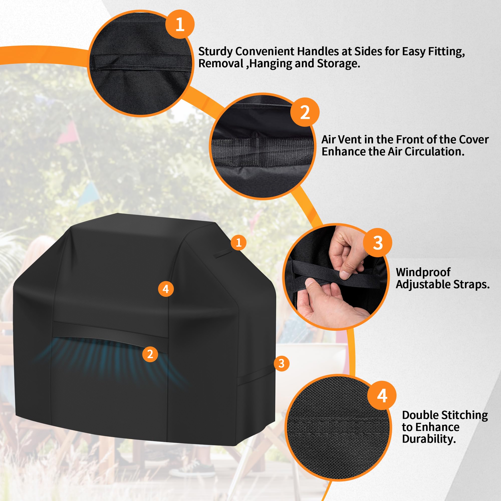iCOVER 82inch grill cover straps provide secure fit against wind.