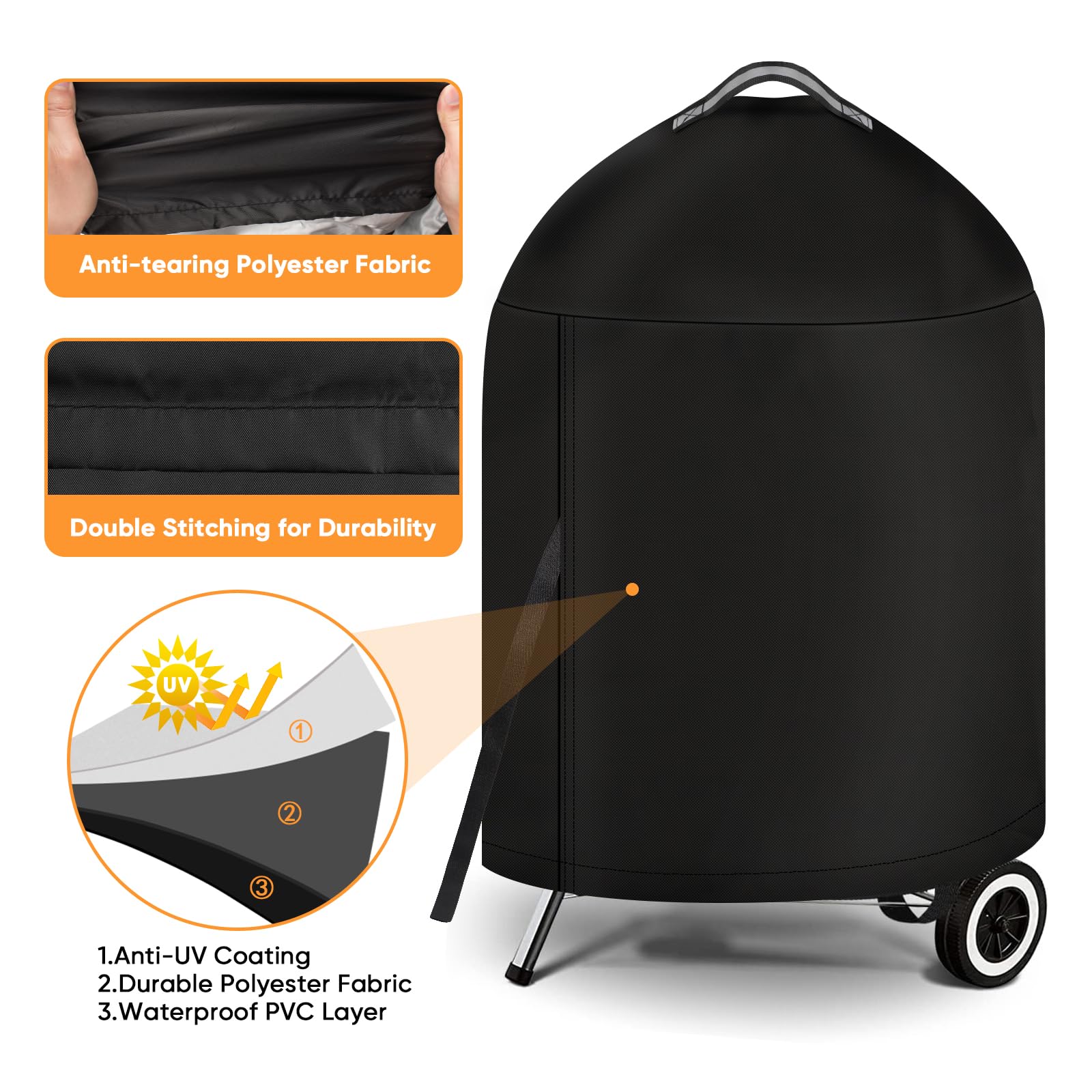 iCOVER grill cover provides UV protection for Weber 22-inch kettle in sun