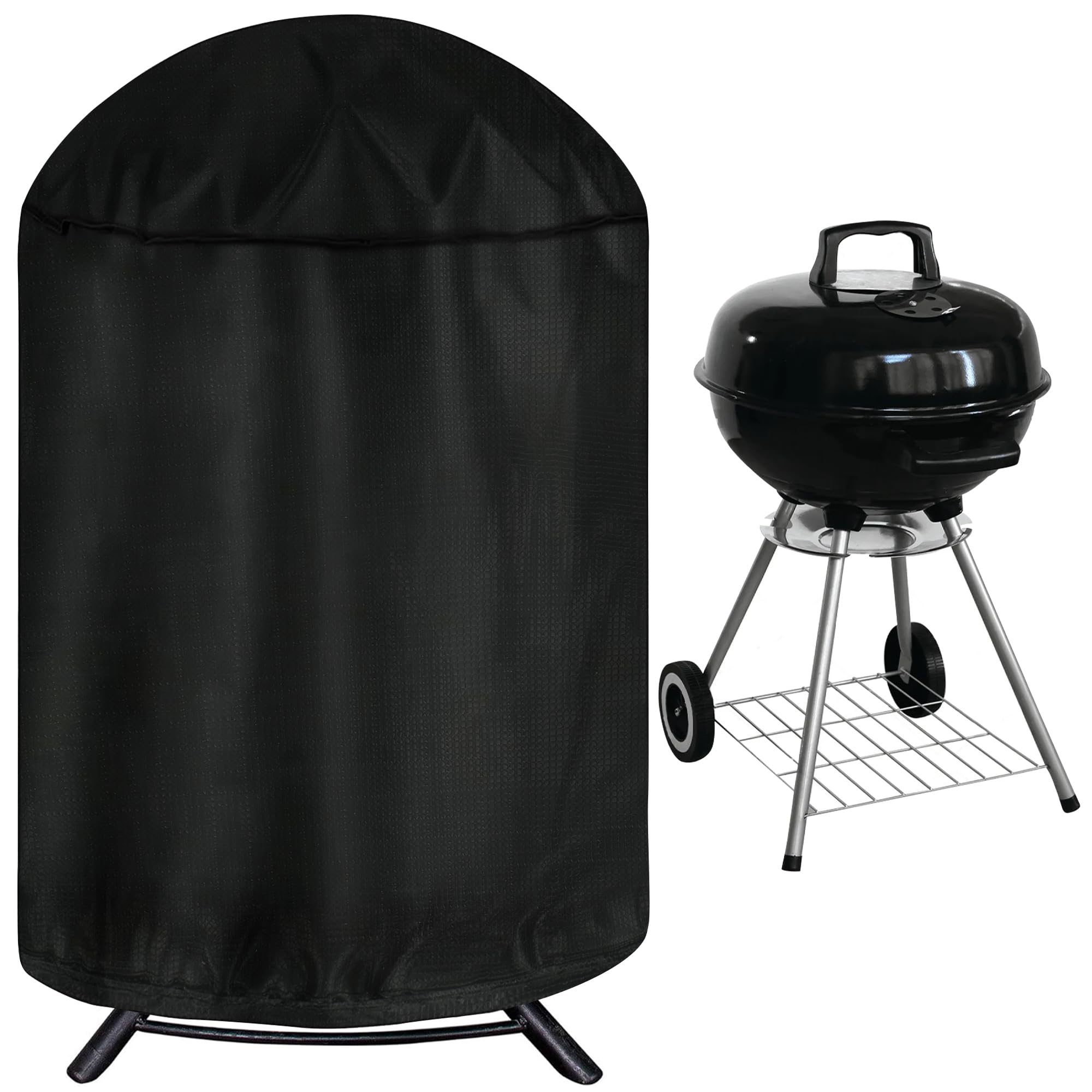 iCOVER round grill cover protecting a 29-inch diameter grill from rain and sun