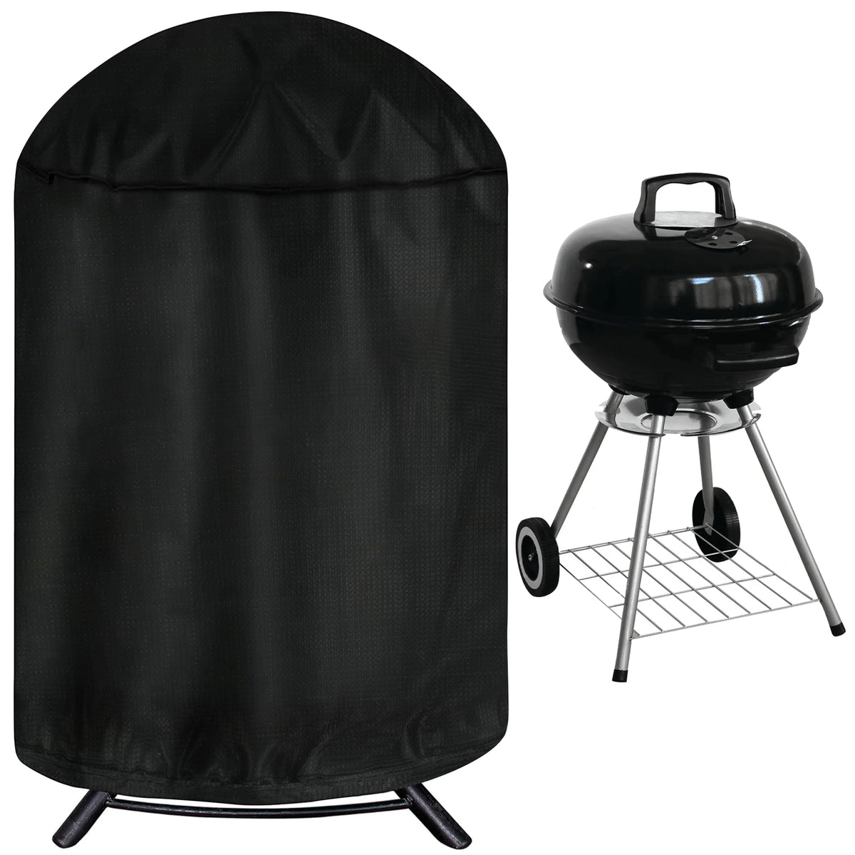 iCOVER round grill cover protecting a 29-inch diameter grill from rain and sun