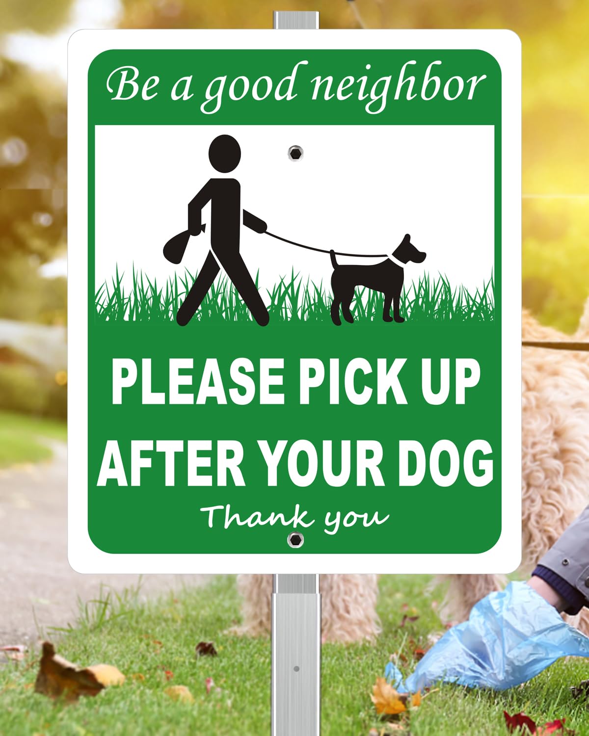i-CowFun sign front cyan and white with clear neighbor message for cleaner yards.
