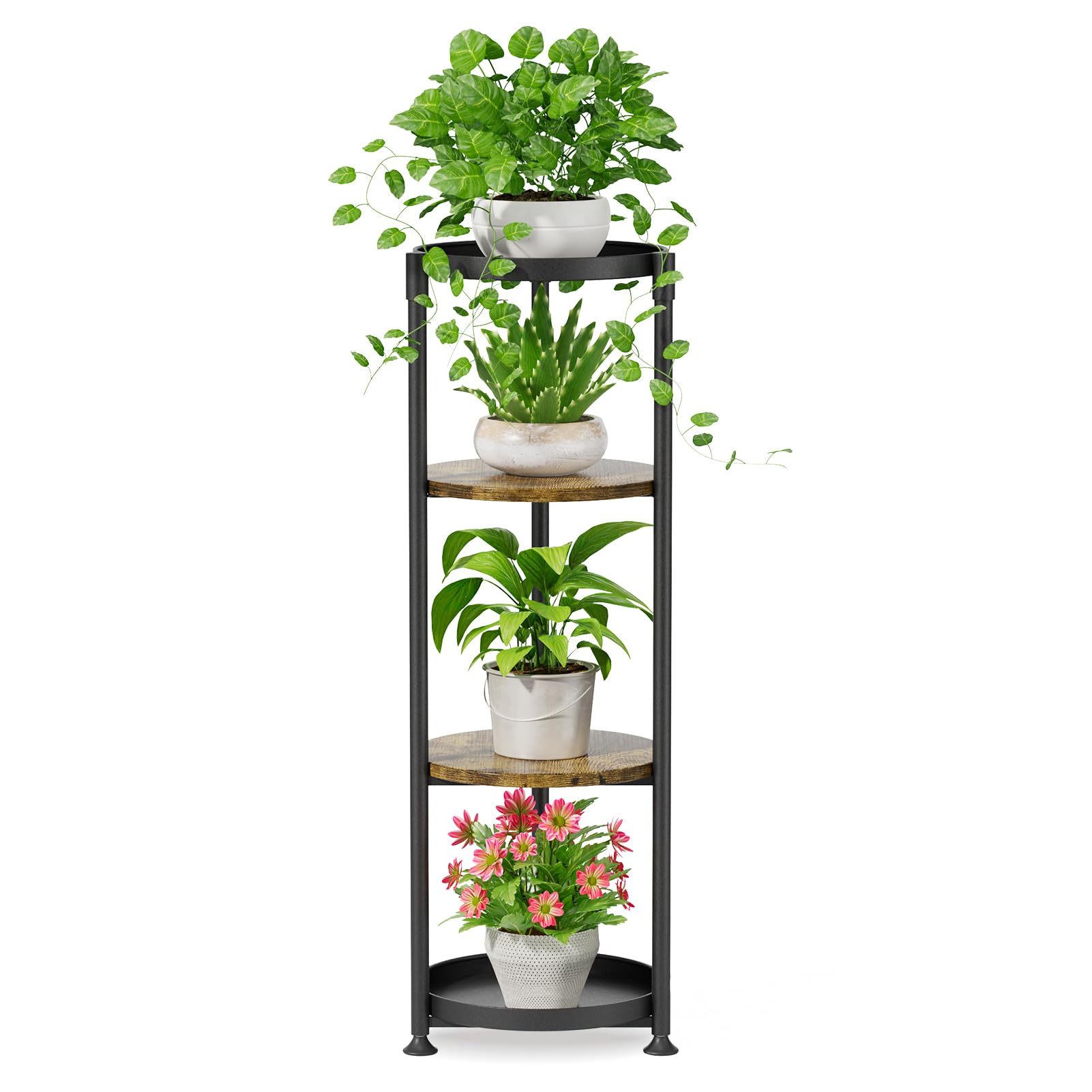 iDavosic.ly four-tier corner plant stand in a round design displaying large pots