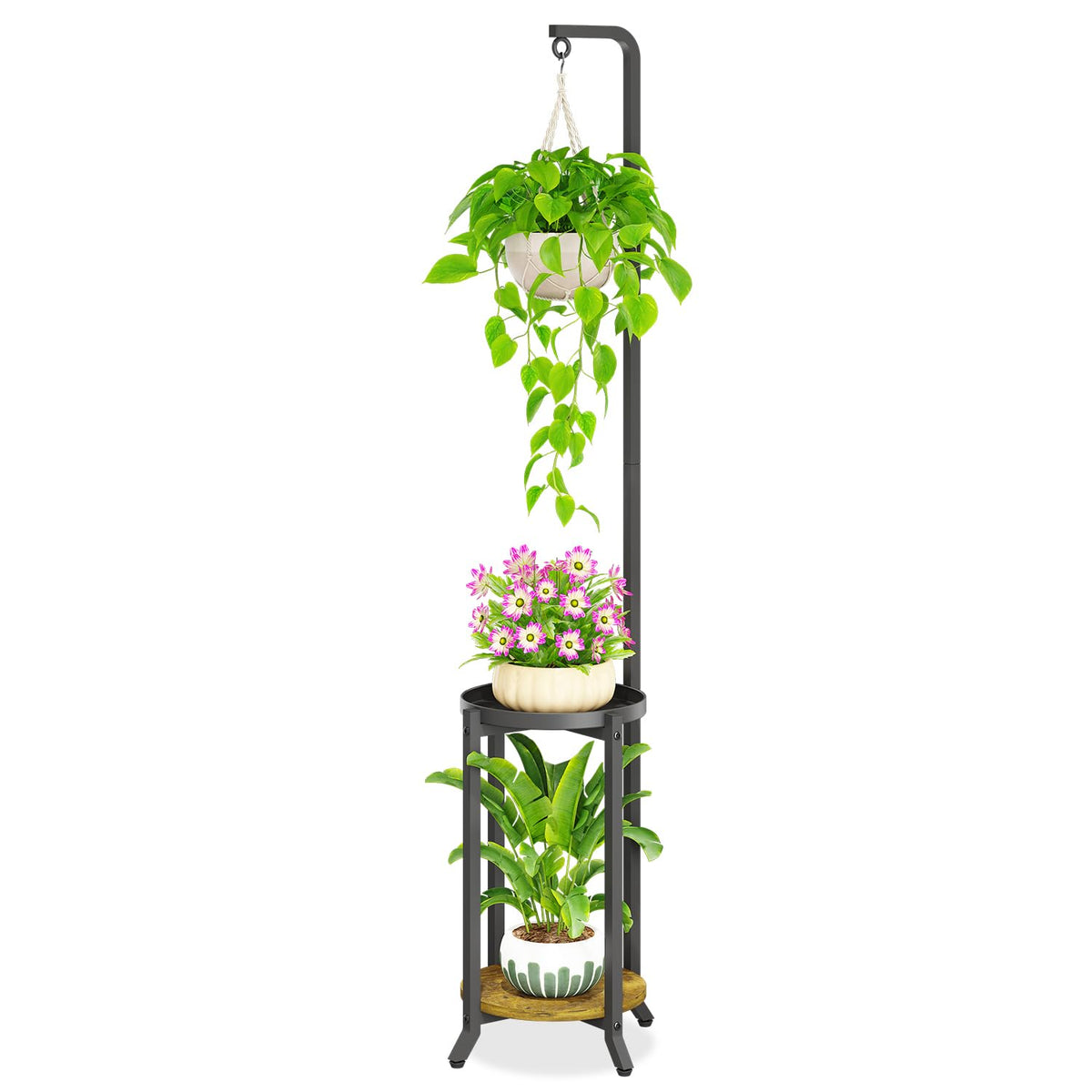 iDavosic.ly 2-tier hanging plant stand indoors with large trays for bigger pots.