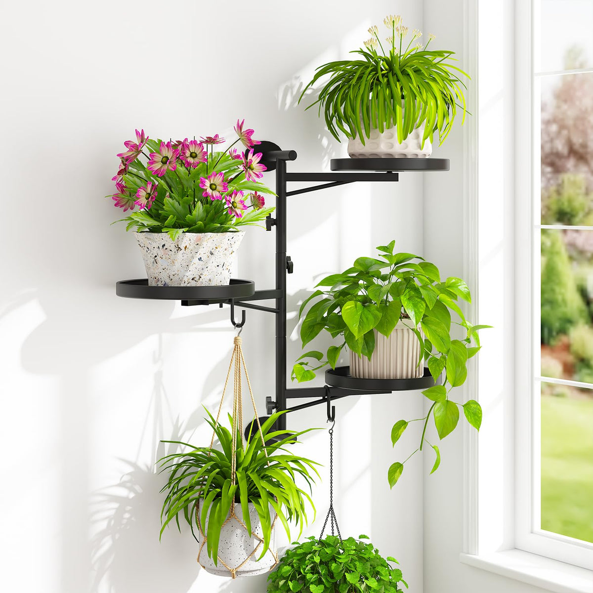 iDavosic.ly rotating 3-tier wall plant shelf displaying greenery with space-saving design