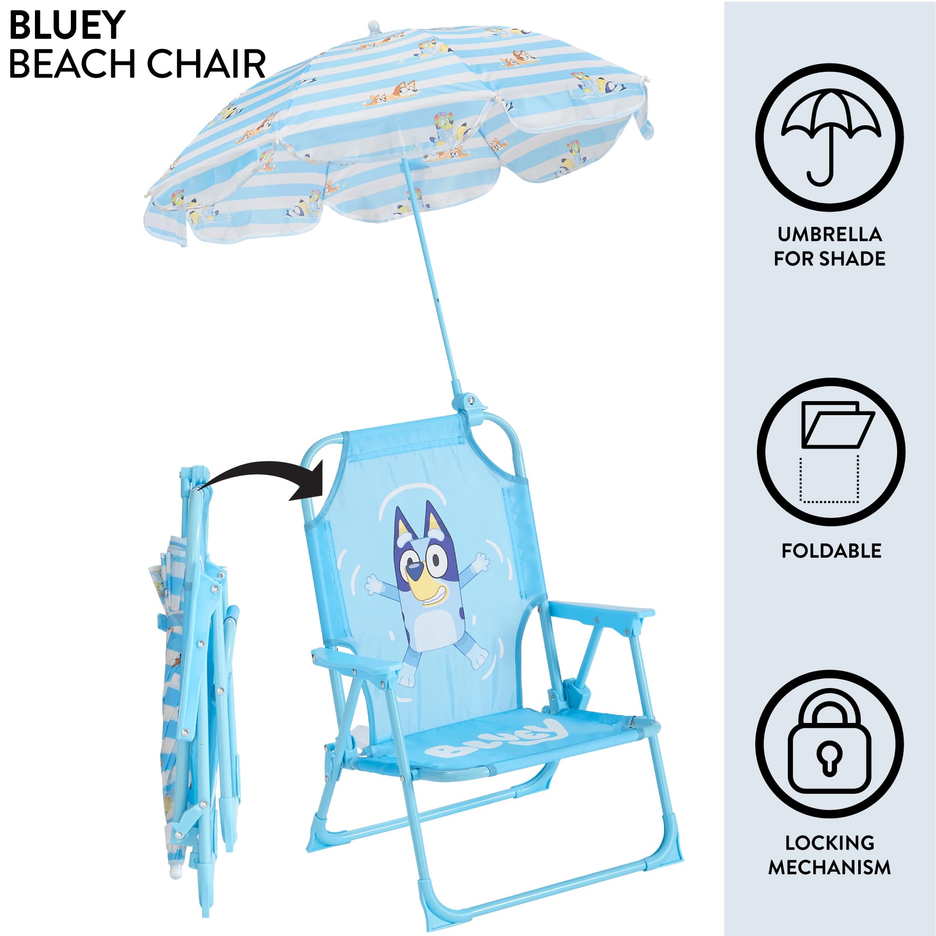 Idea Nuova Bluey chair folded flat for compact storage and travel.