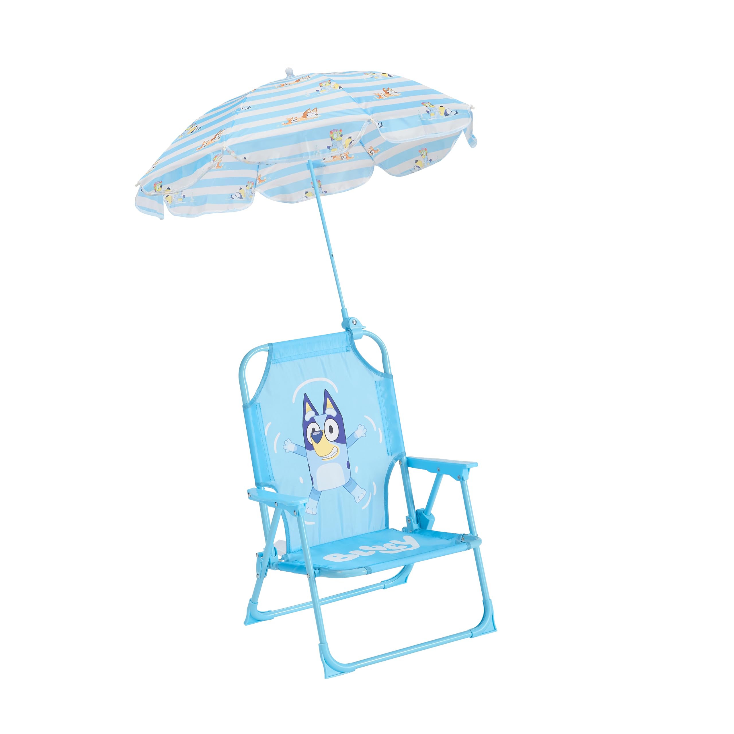 Idea Nuova Bluey kids chair with umbrella clip for shaded outdoor seating.
