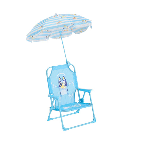 Idea Nuova Bluey kids chair with umbrella clip for shaded outdoor seating.
