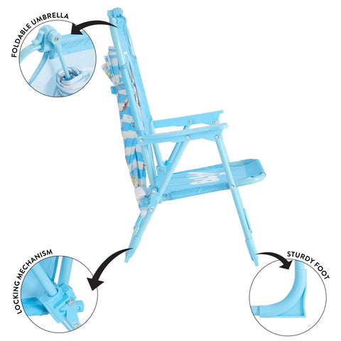 Idea Nuova Bluey chair with umbrella attachment for sun protection.