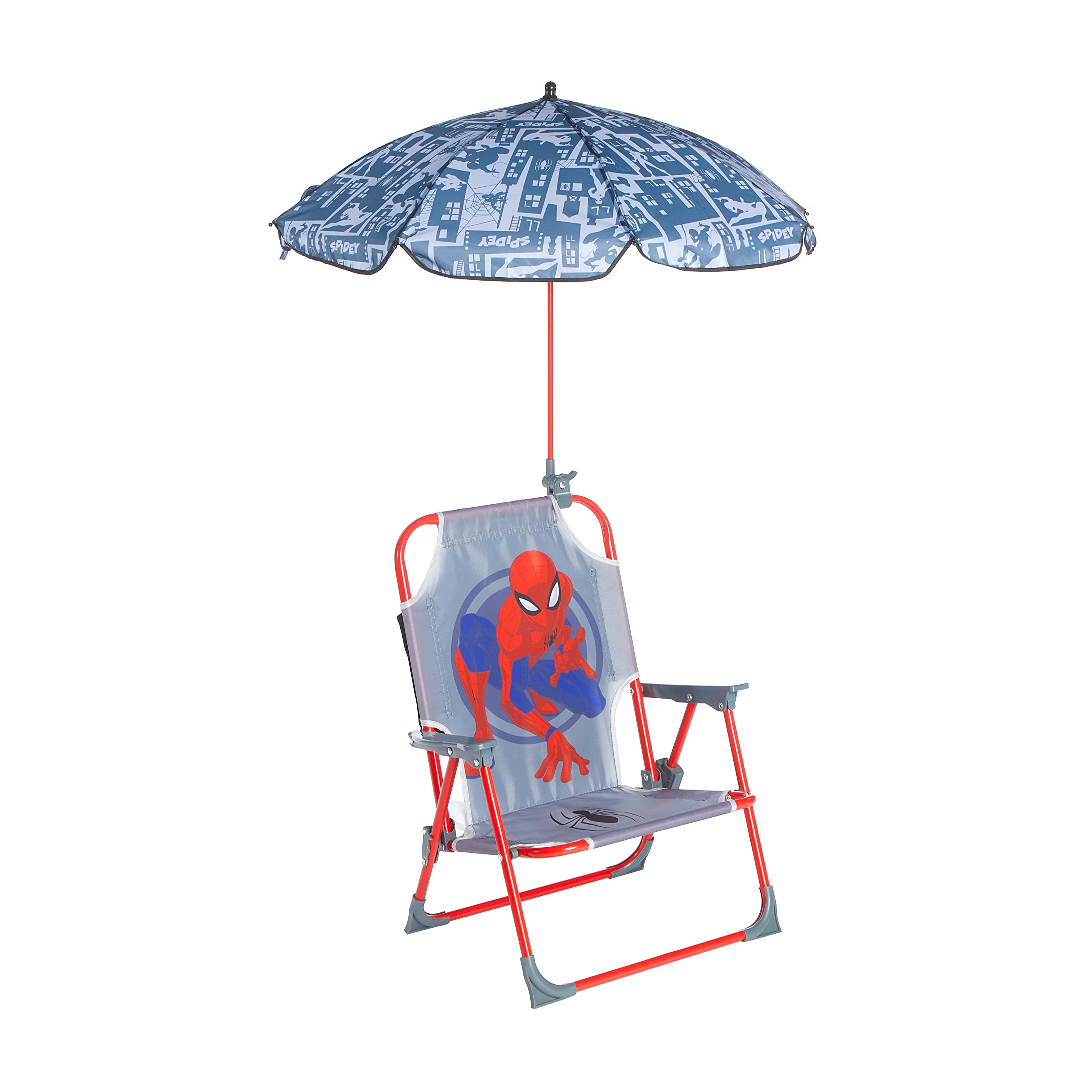 Idea Nuova Marvel Spiderman kids chair with umbrella for shaded outdoor seating.