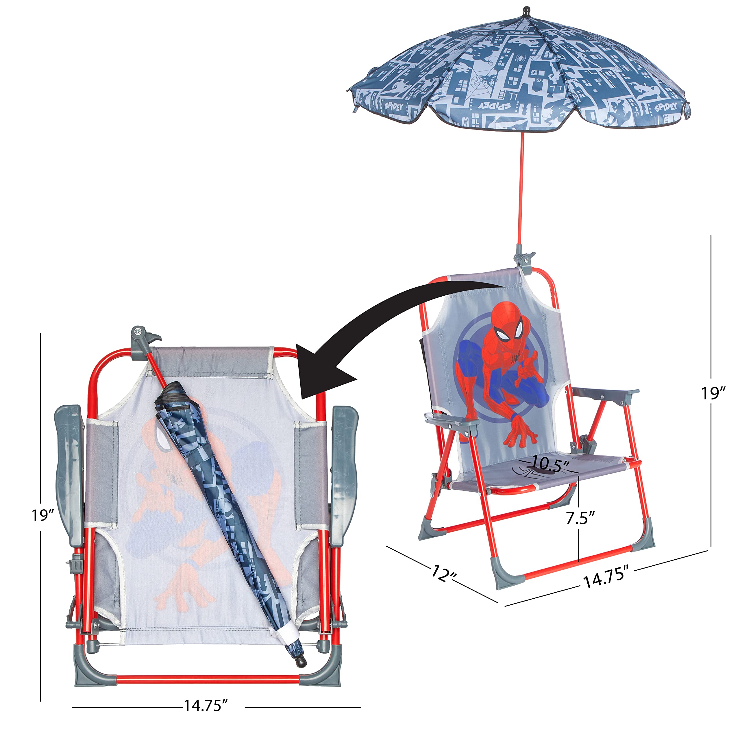 Idea Nuova Marvel Spiderman kids chair folded for portable storage.