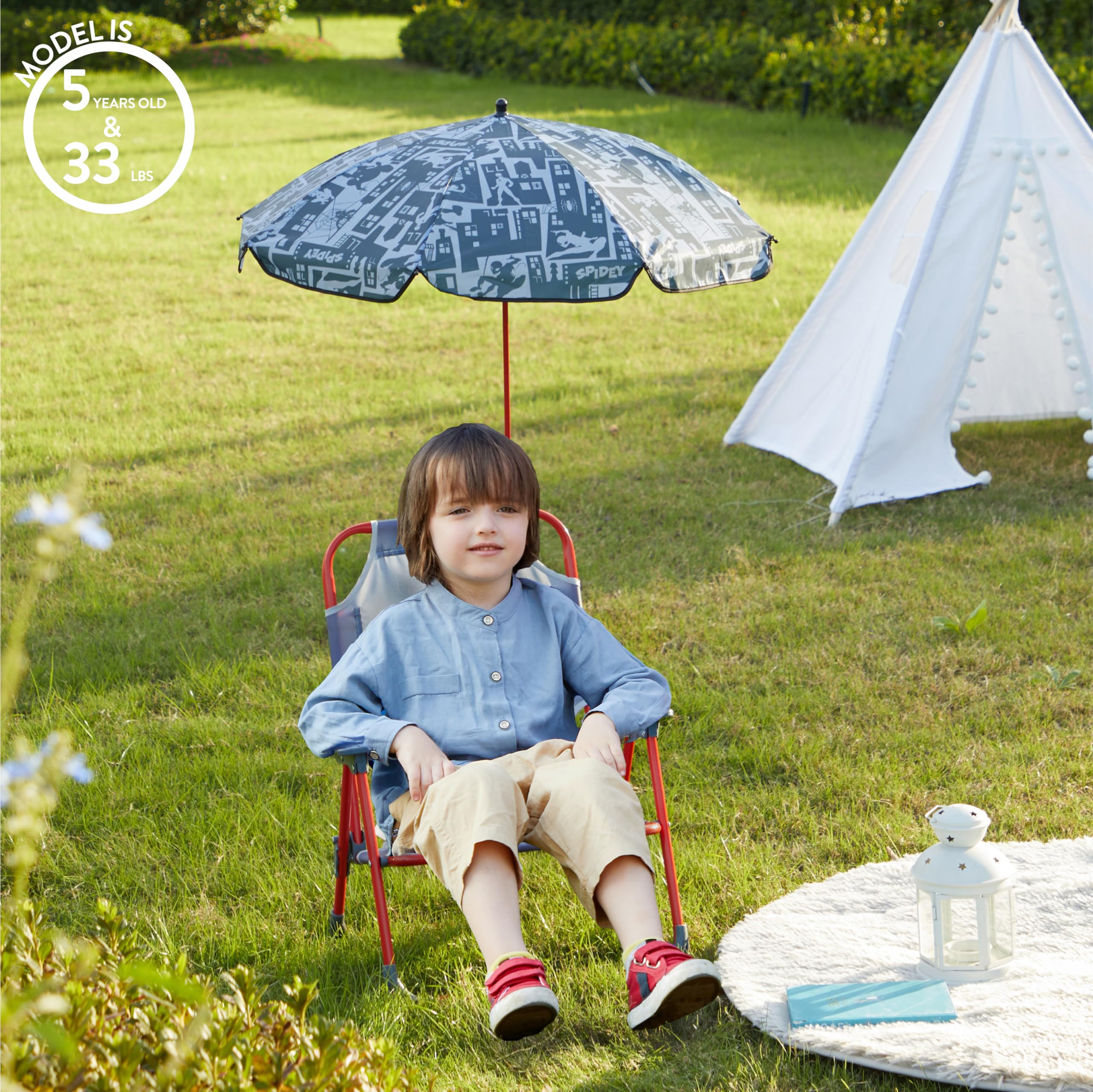 Idea Nuova Marvel Spiderman kids chair open for beach or poolside use.