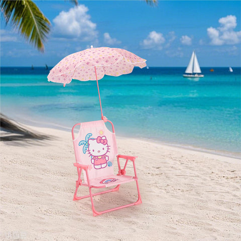 Idea Nuova Hello Kitty chair with umbrella clip keeps shade secured while kids relax.