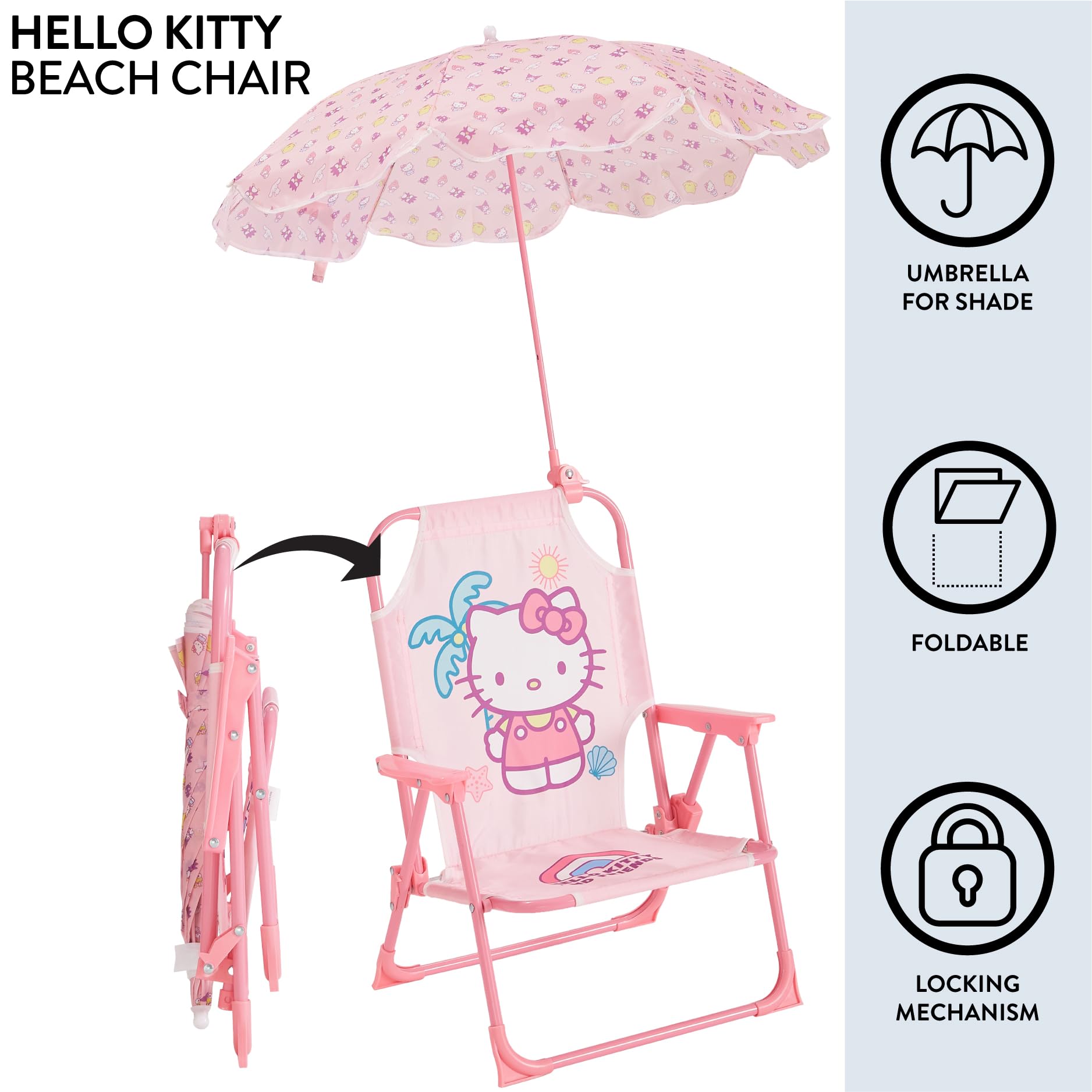 Idea Nuova Hello Kitty chair folds compactly for easy transport and storage.