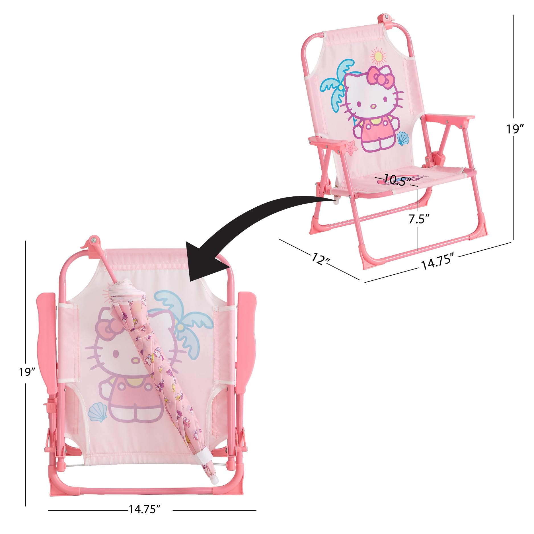 Idea Nuova Hello Kitty folding chair with durable frame supports active outdoor play.