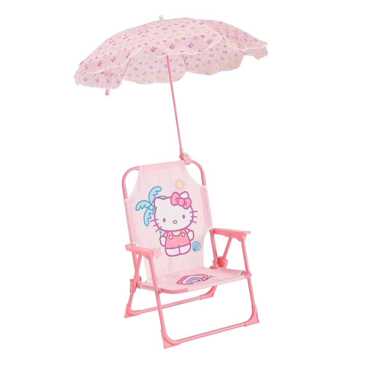 Idea Nuova Hello Kitty kids' chair with umbrella, open on the beach for shade and comfort.