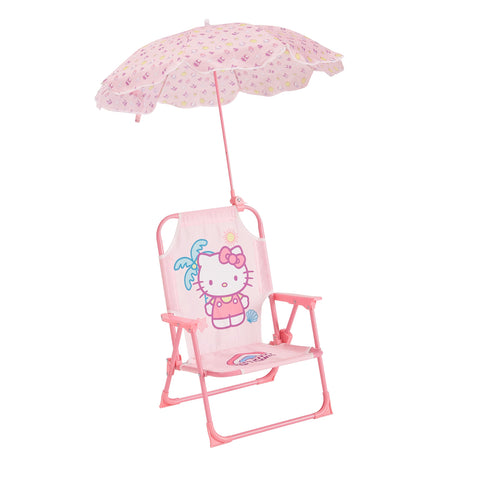 Idea Nuova Hello Kitty kids' chair with umbrella, open on the beach for shade and comfort.