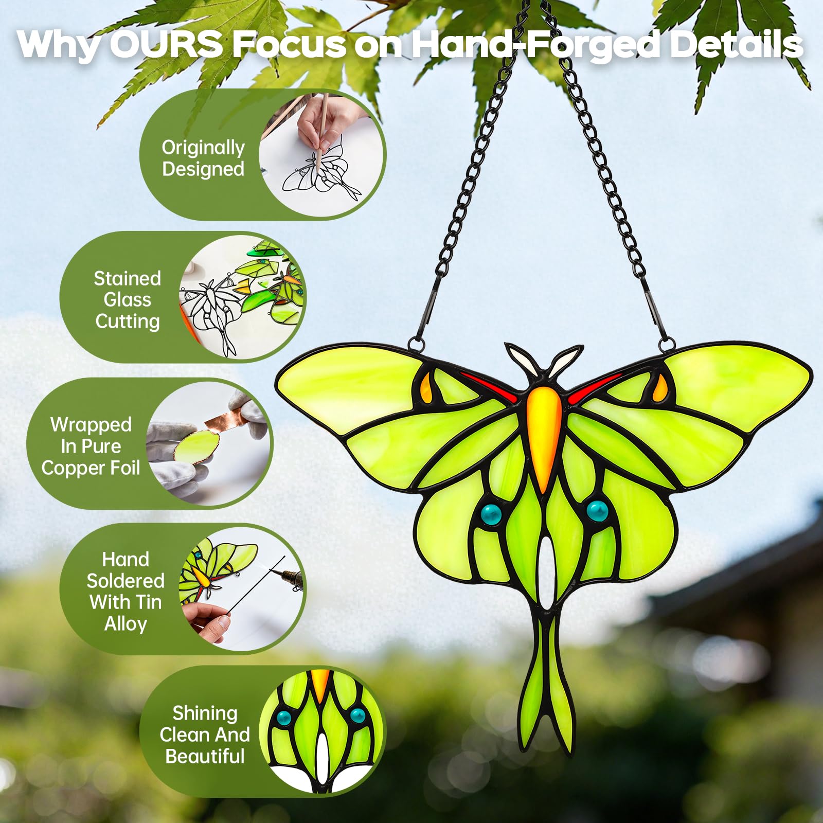 IDEA SHOW Handmade green butterfly suncatcher creates charm in sunlit rooms.