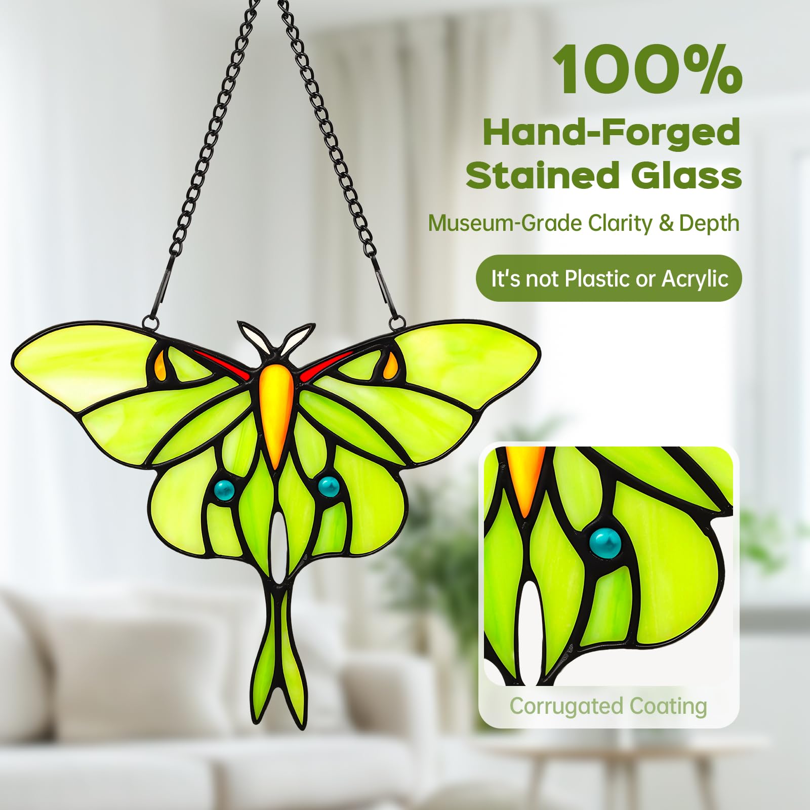 IDEA SHOW Luna Moth stained glass ornament adds warm ambiance to indoor and outdoor windows.