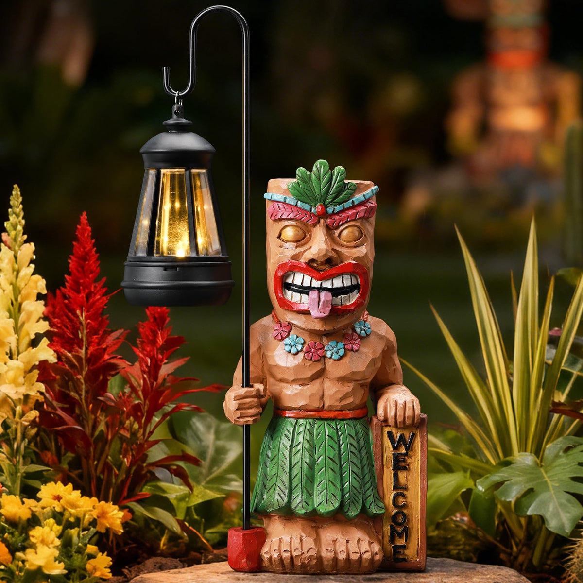 IDEA SHOW solar tiki statue in garden glows warmly for evening ambiance