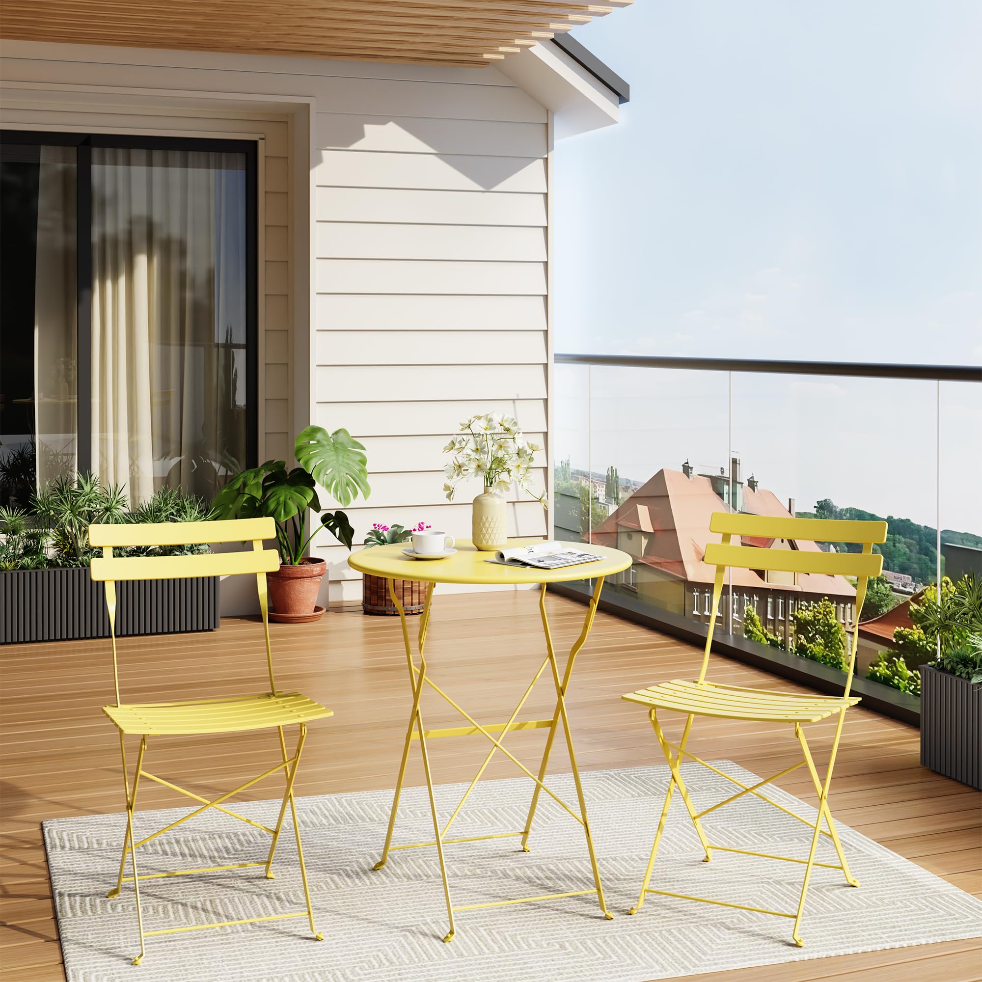 IDEALHOUSE folding bistro chairs offer easy storage after sunny breakfasts.