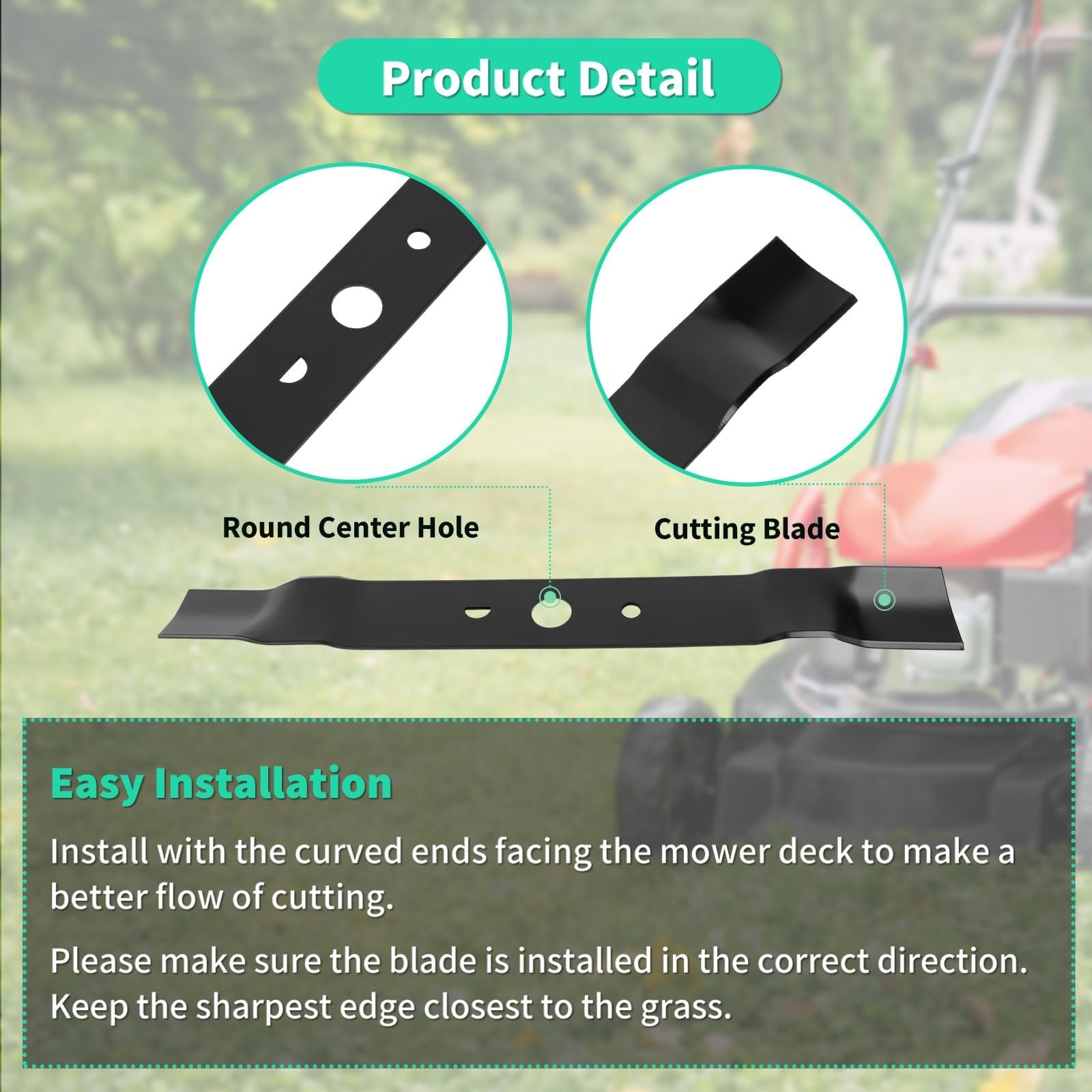 IDEASURE blade compatibility label with Greenworks deck fit.
