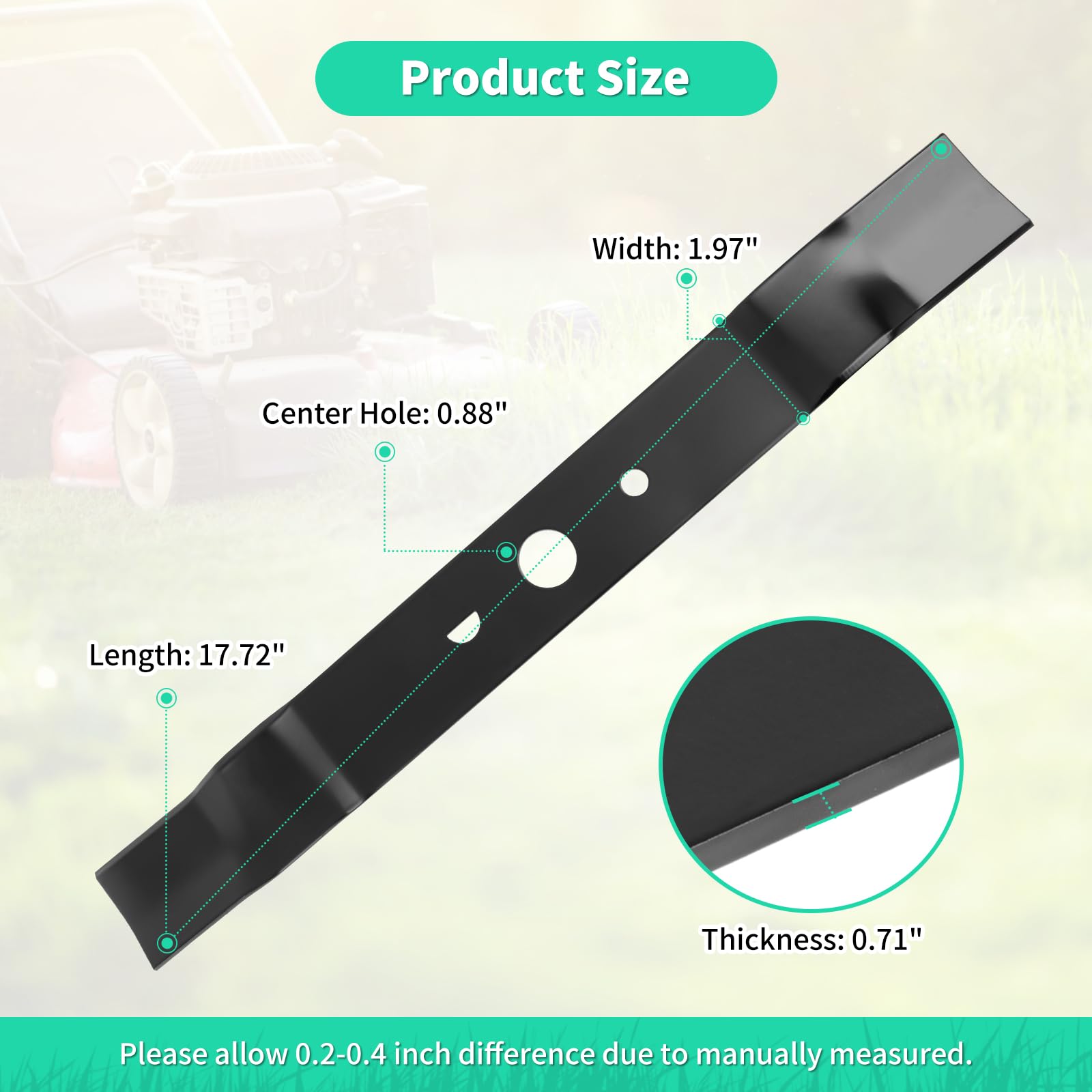 IDEASURE blade in thick steel highlights durability for long mowing life.